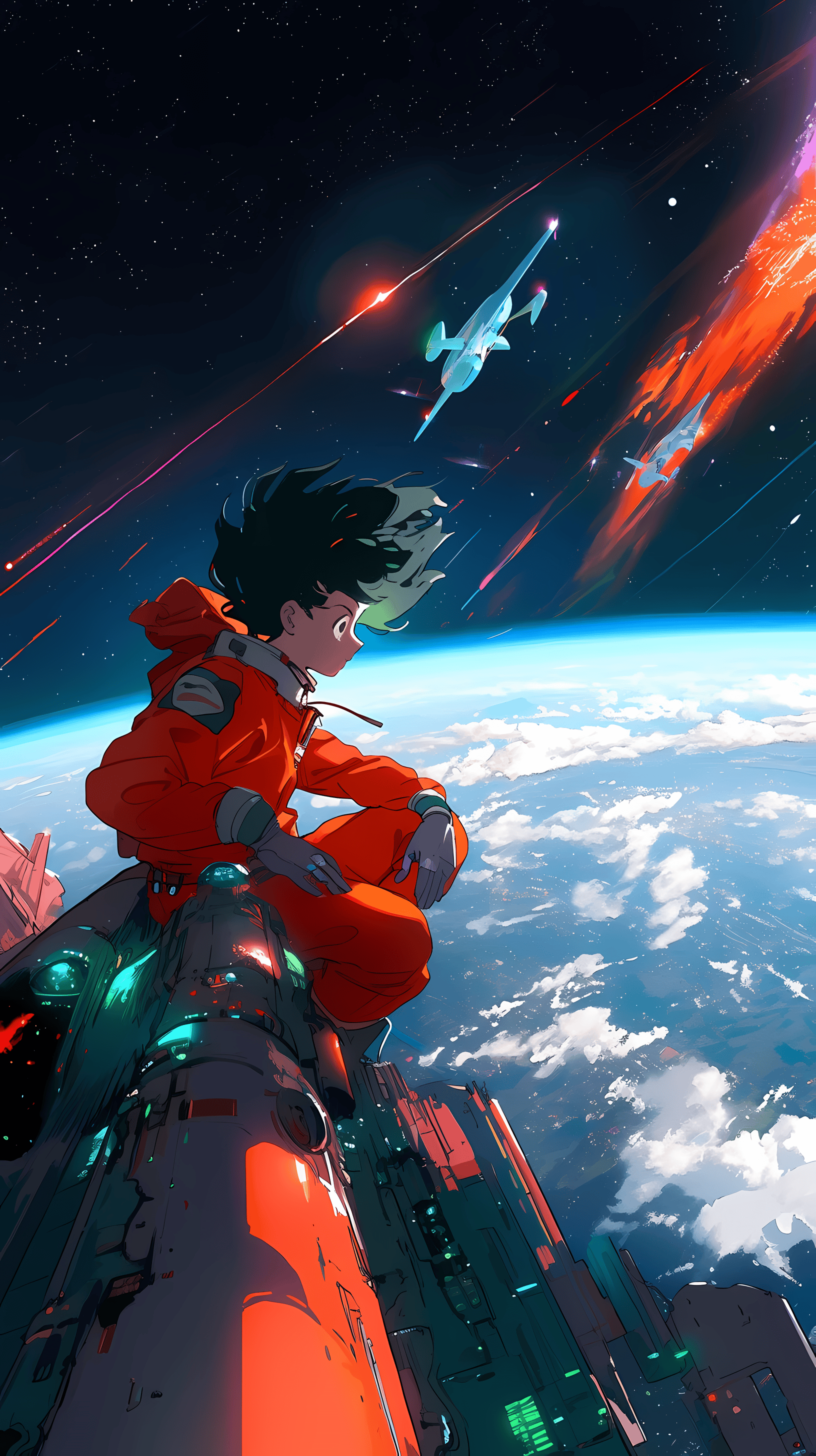 This anime wallpaper captures the essence of 'Cowboy Bebop,' showcasing the iconic character Spike Spiegel in a dynamic pose against the backdrop of a vast, star-studded galaxy