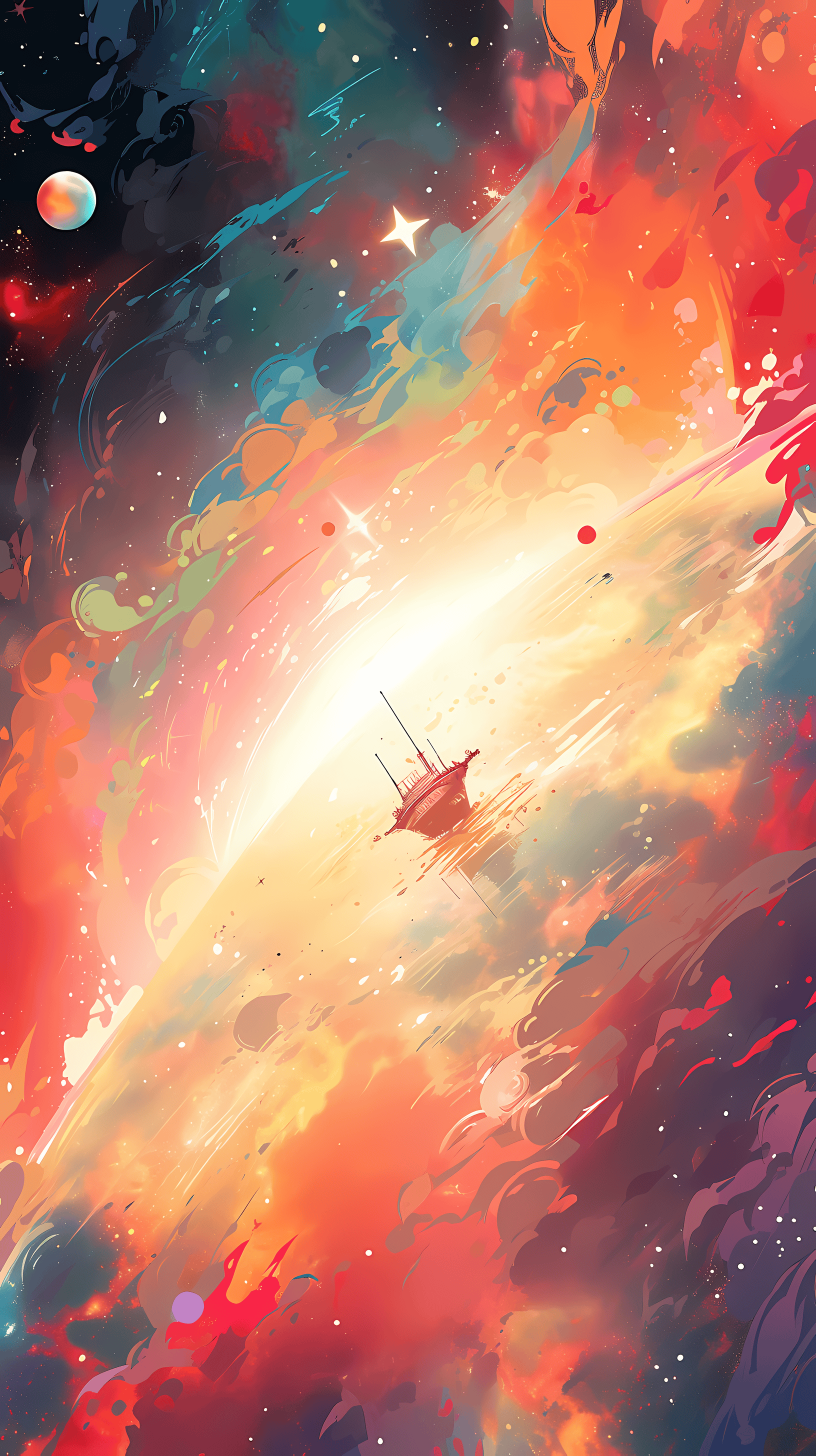 This captivating anime wallpaper showcases a vibrant and dynamic scene of a spaceship navigating through a cosmic landscape