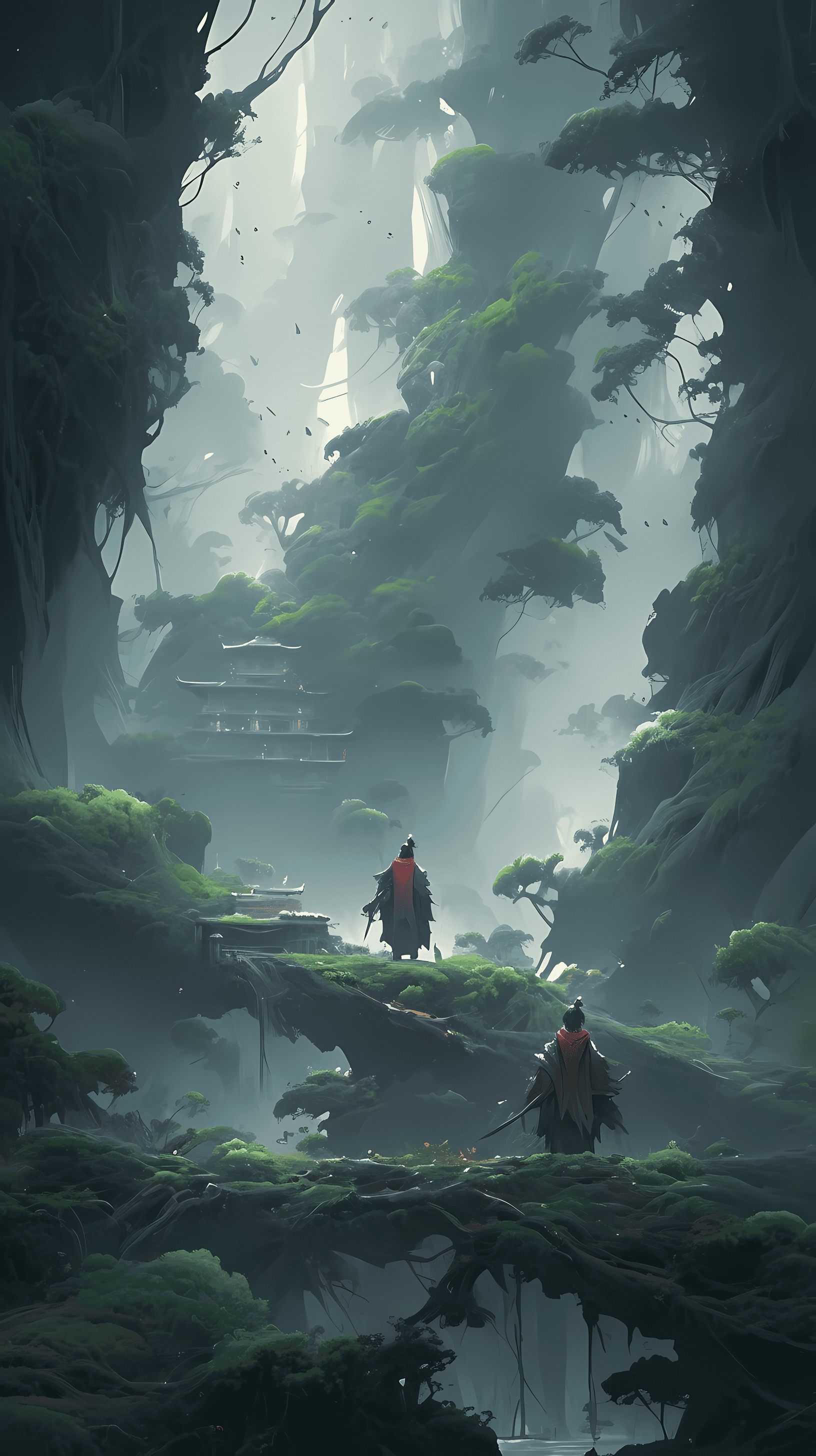 This anime wallpaper captures a mystical mountain adventure with a group of travelers journeying through a dense, foggy forest