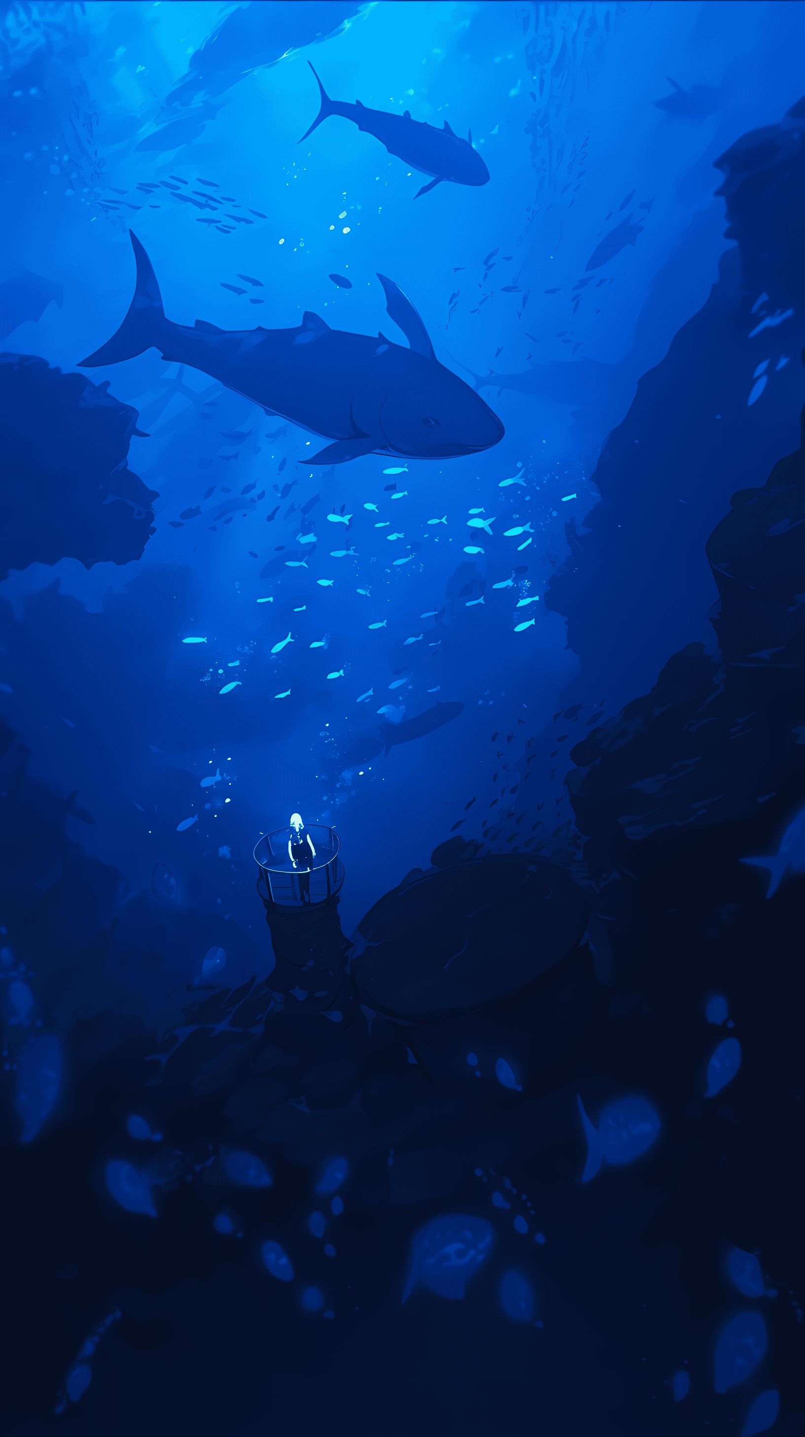 This captivating anime wallpaper depicts an enchanting underwater scene, where a group of fish gracefully swims through a vibrant blue cavern