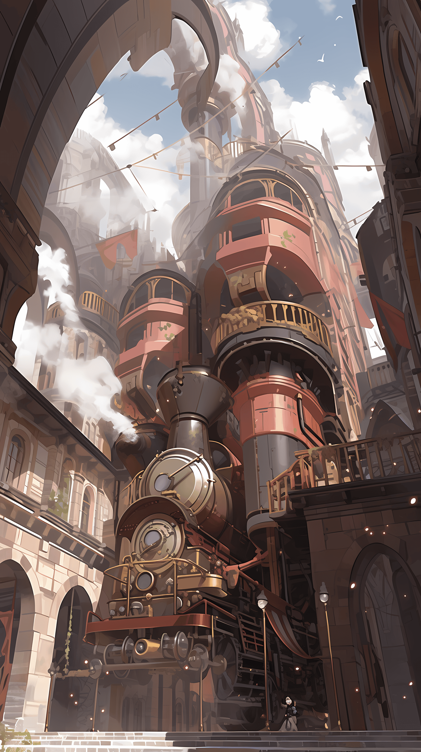 This anime wallpaper showcases a breathtaking steampunk cityscape