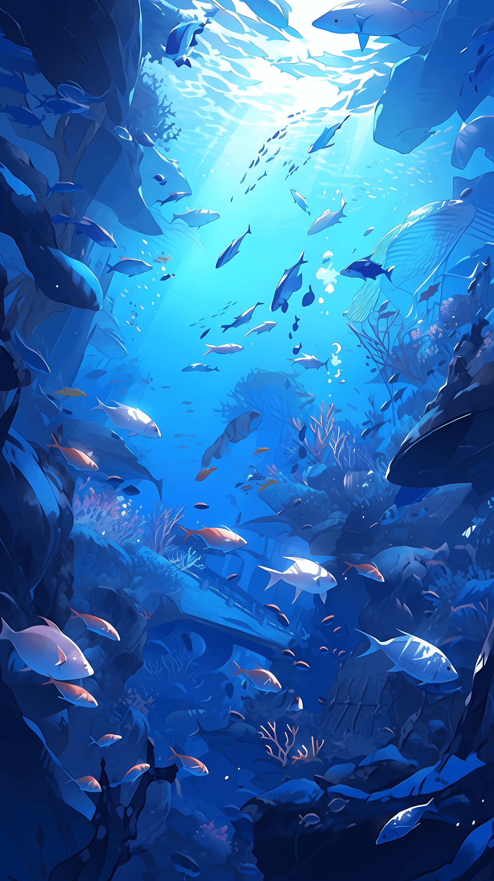 This anime wallpaper captures the enchanting beauty of the underwater world