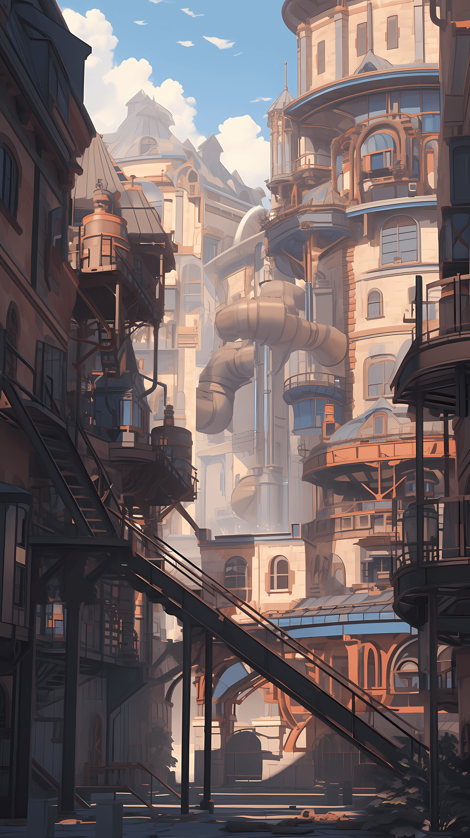 This anime wallpaper captures the essence of a bustling steampunk cityscape