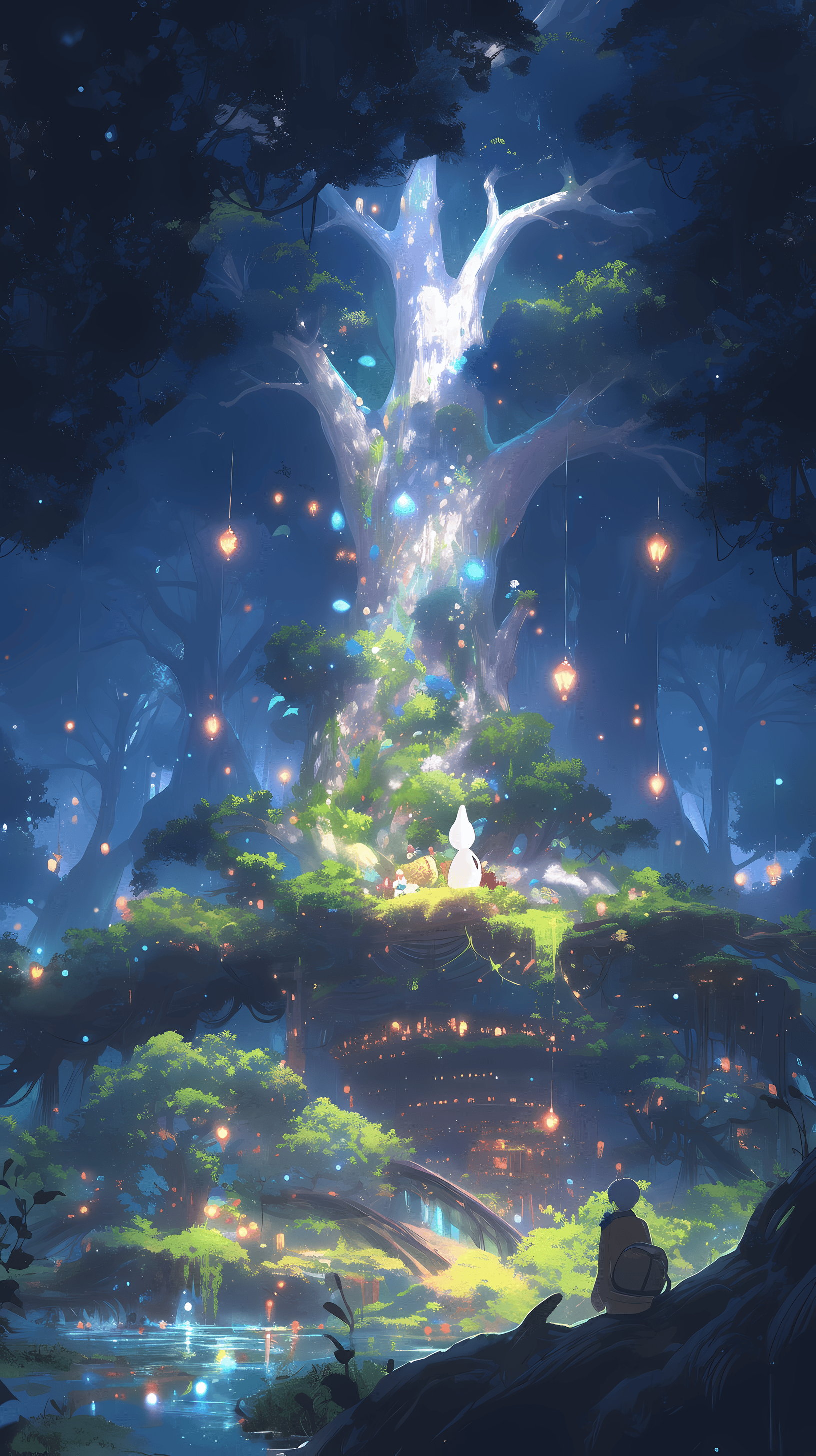 This enchanting anime wallpaper depicts a mystical forest bathed in ethereal light