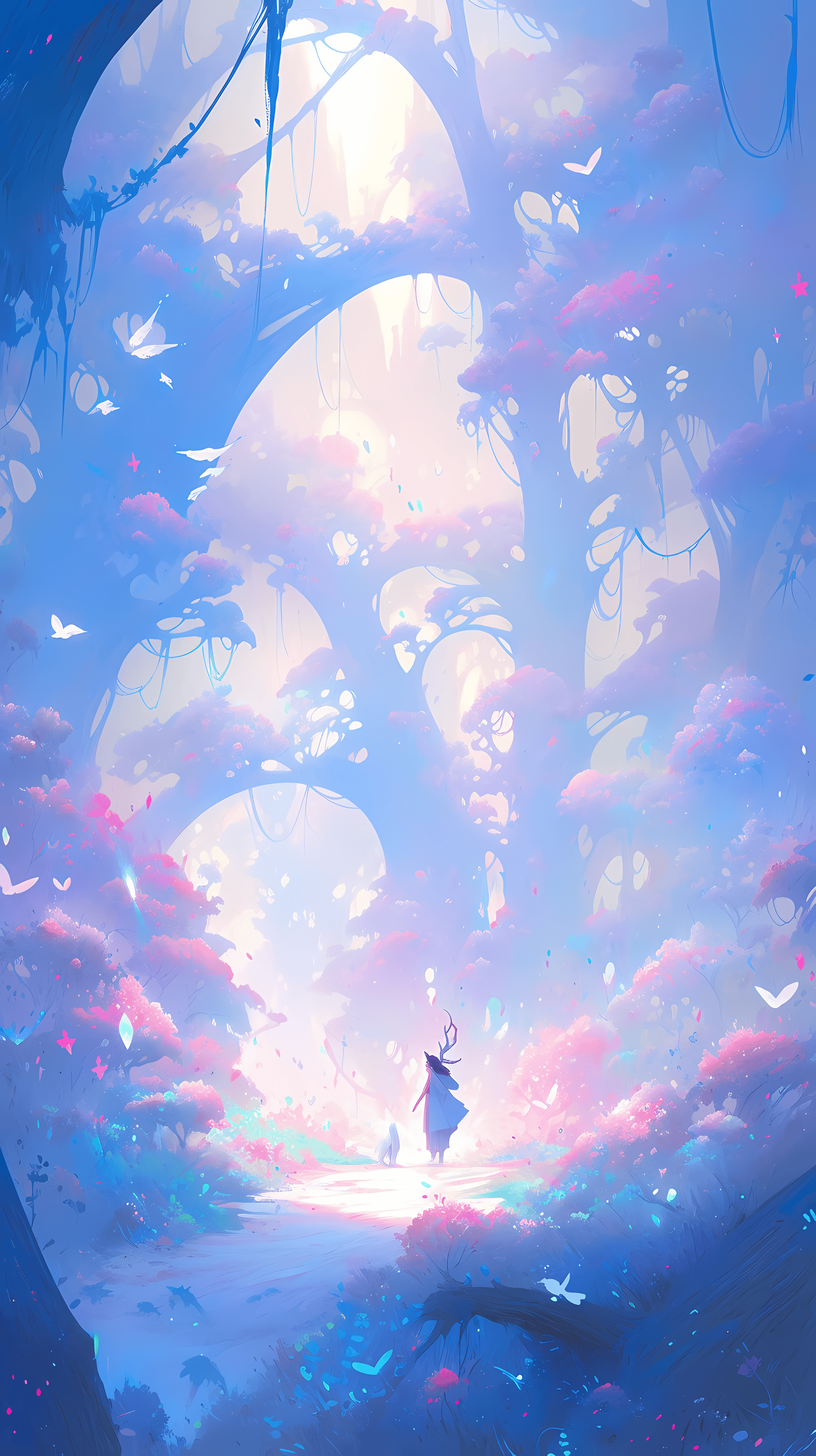 This enchanting anime wallpaper captures a mystical forest scene under a full moon