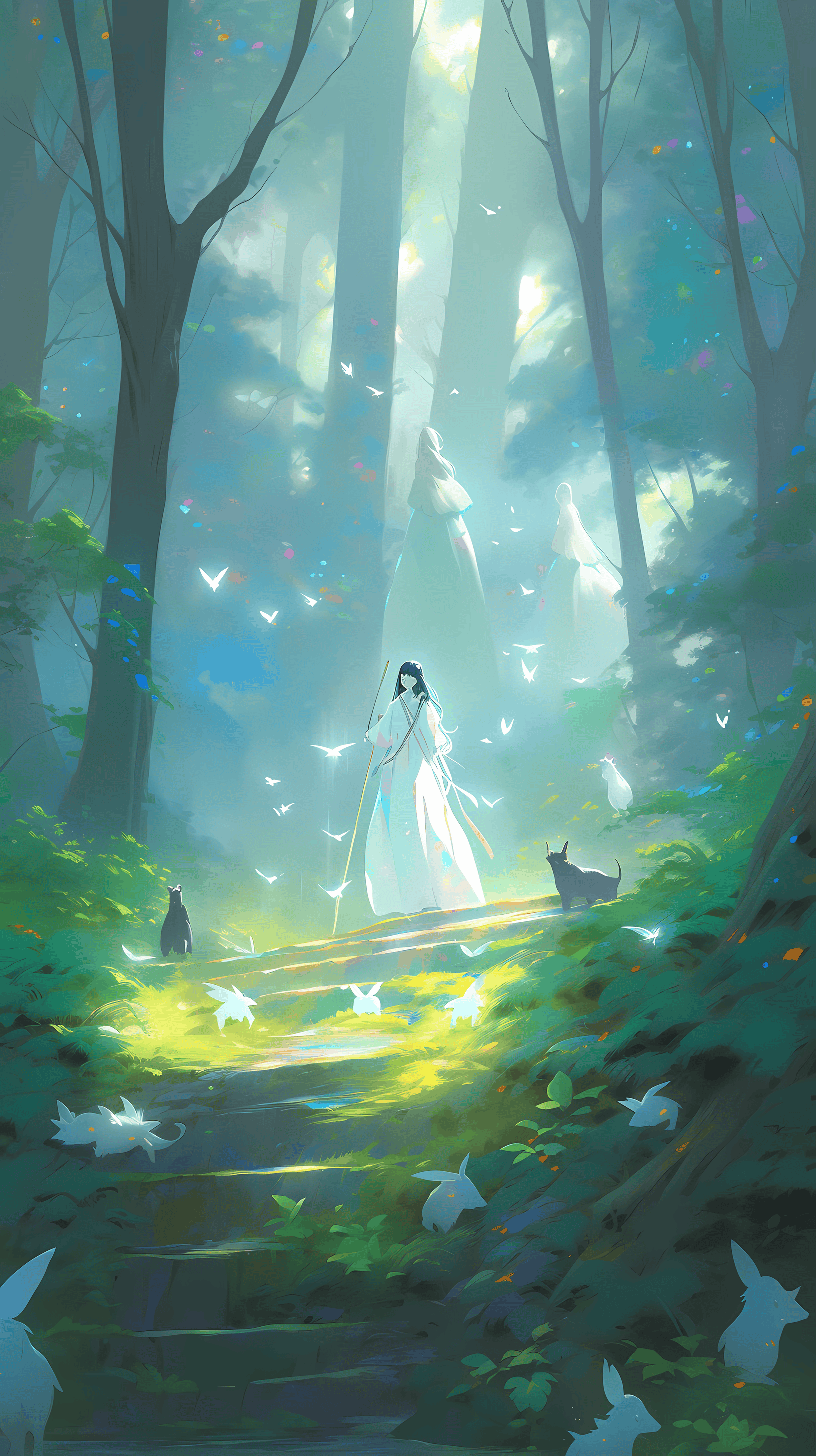 This enchanting anime wallpaper captures a serene scene within a mystical forest