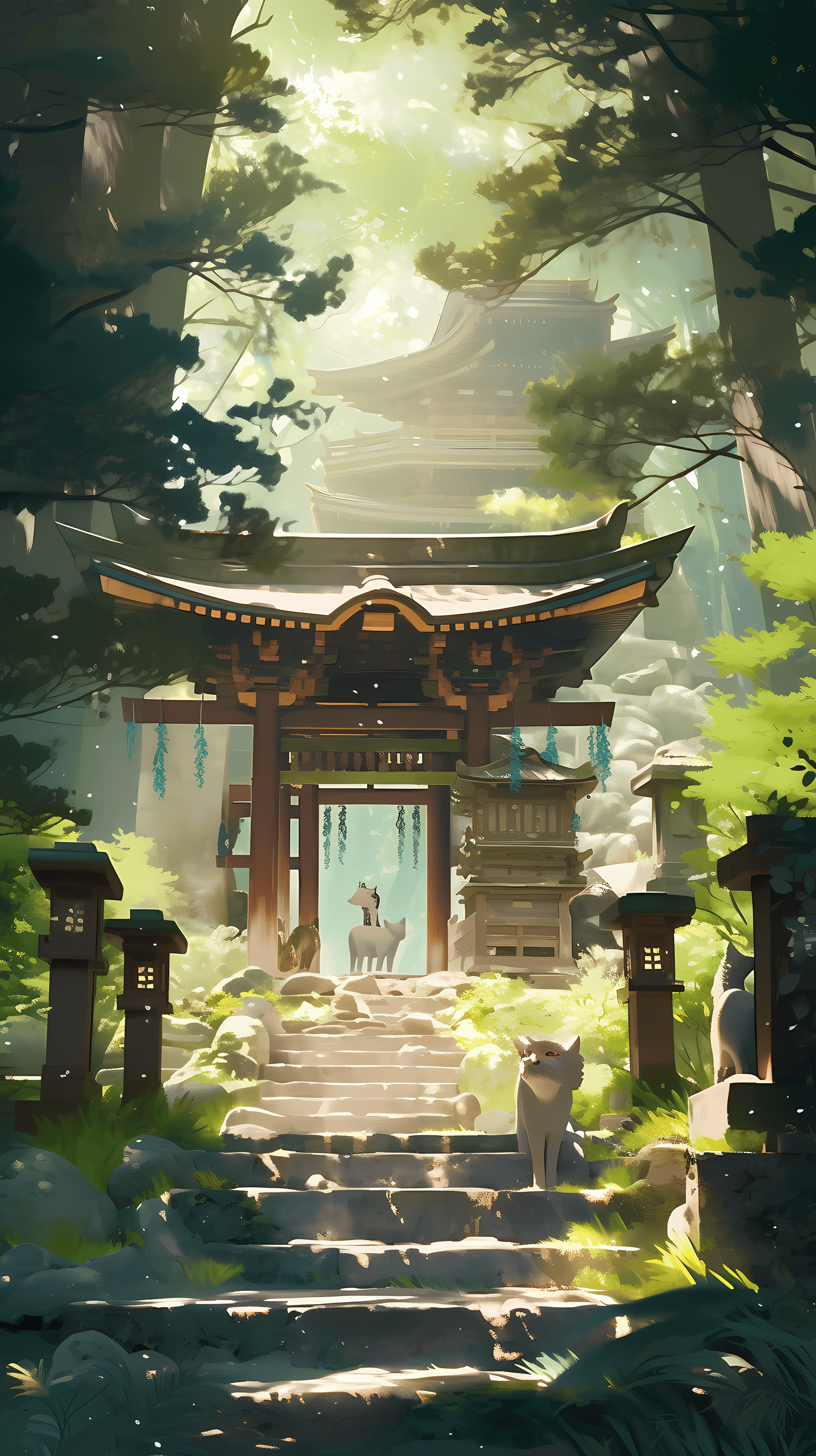 This anime wallpaper captures a serene and mystical scene of a traditional Japanese temple nestled deep within a lush forest