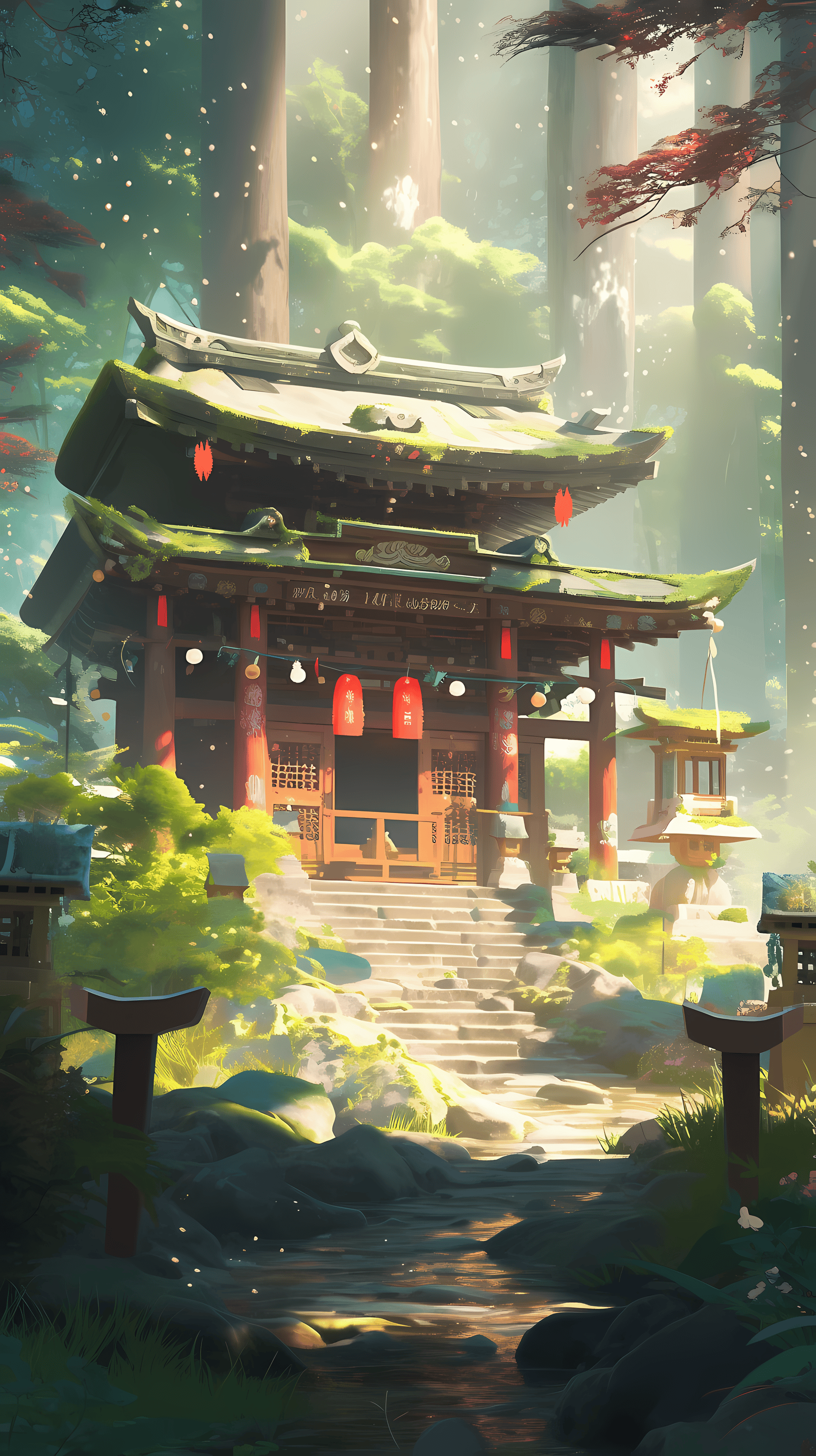 This enchanting anime wallpaper depicts a serene and mystical forest temple