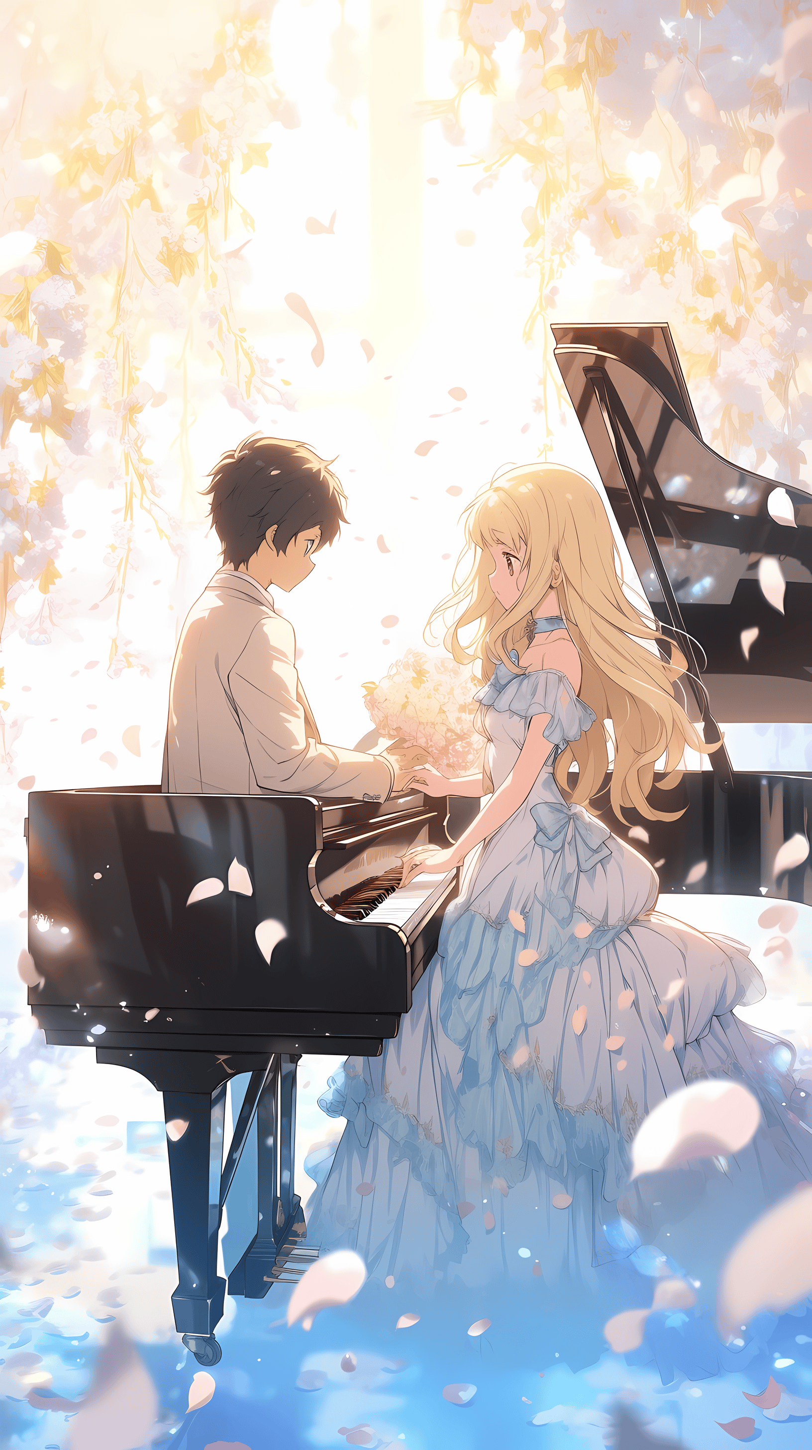 This enchanting anime wallpaper captures a serene moment between Kousei and Kaori, two beloved characters, as they share a musical interlude