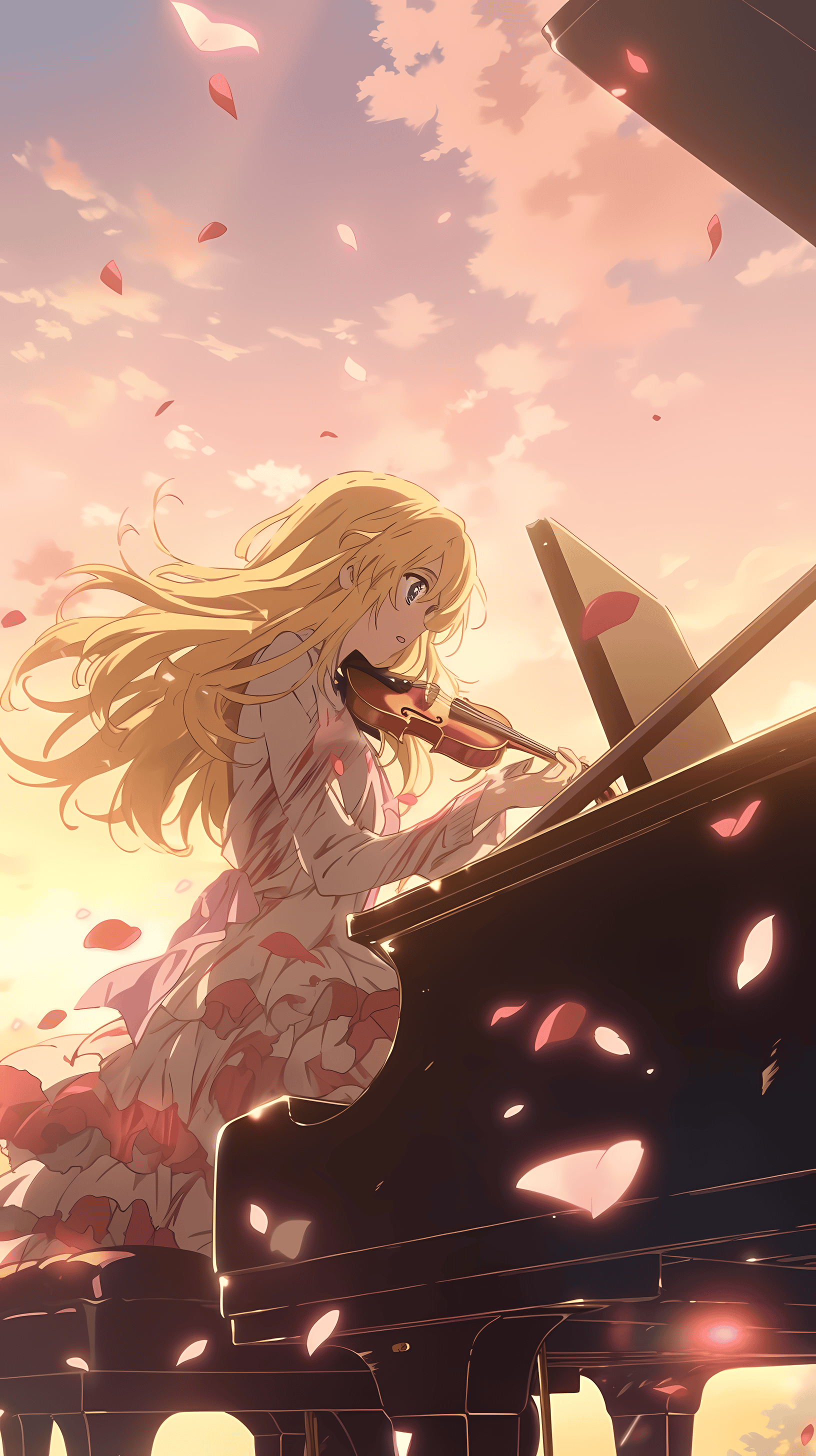 This captivating anime wallpaper features a serene scene of a young girl with long, flowing blonde hair playing a grand piano under a beautiful sunset