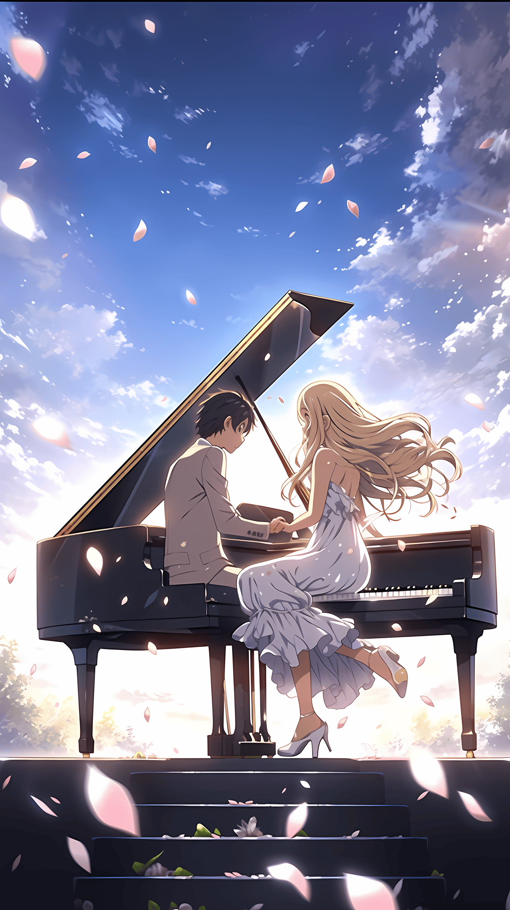 This enchanting anime wallpaper captures a serene moment between Kousei and Kaori