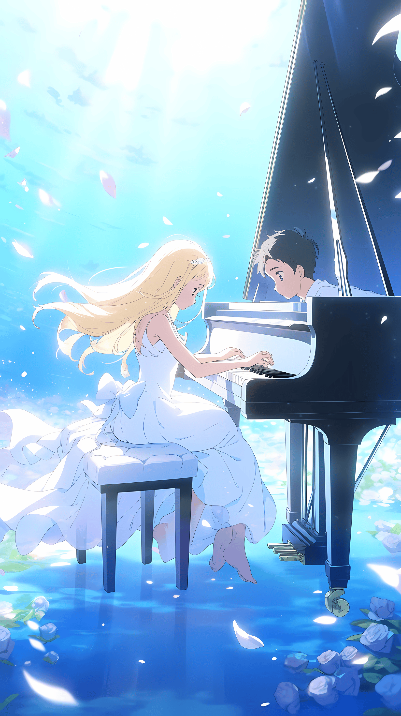 This enchanting anime wallpaper captures a serene moment between two characters, Kousei and Kaori