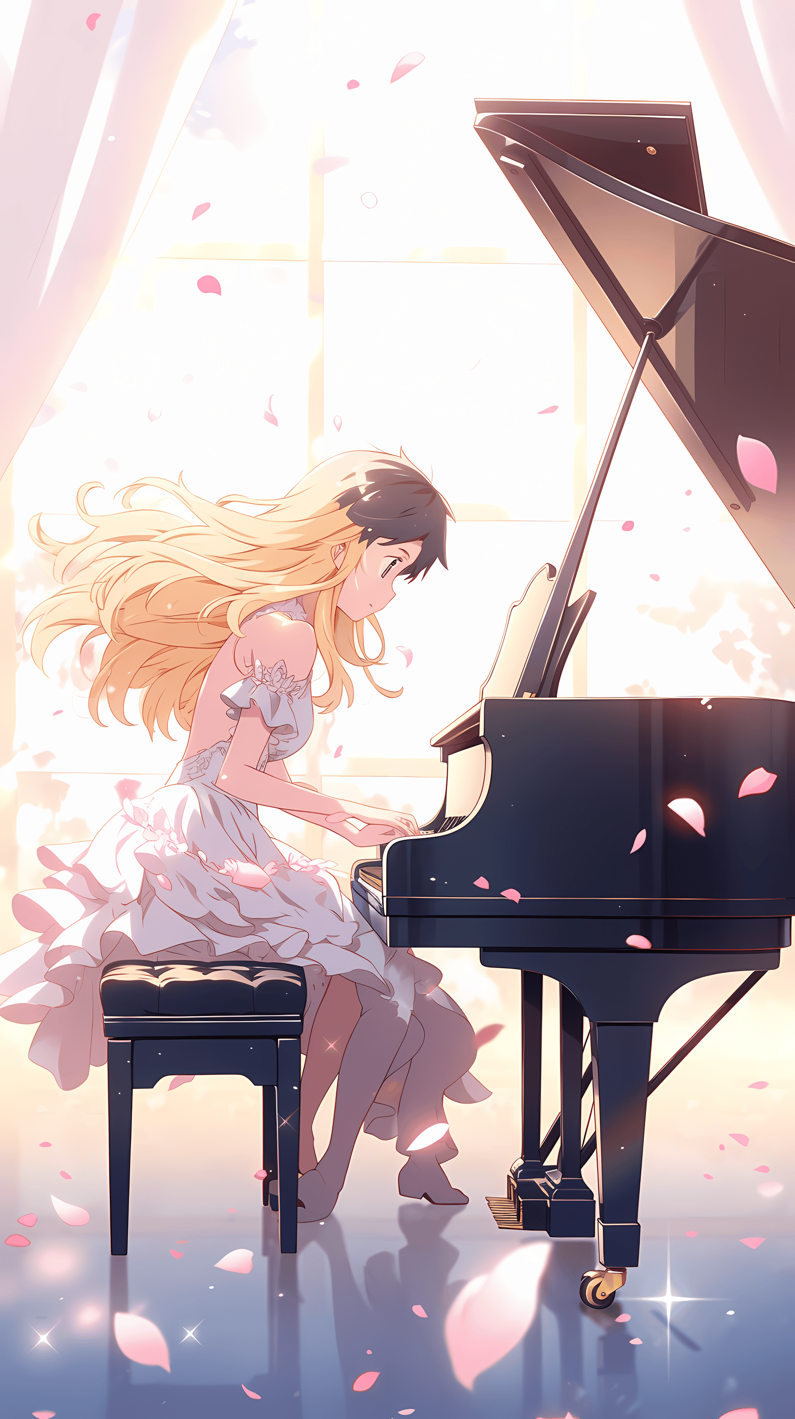 This enchanting anime wallpaper captures a serene moment where a young woman with long, flowing blonde hair is seated at a grand piano