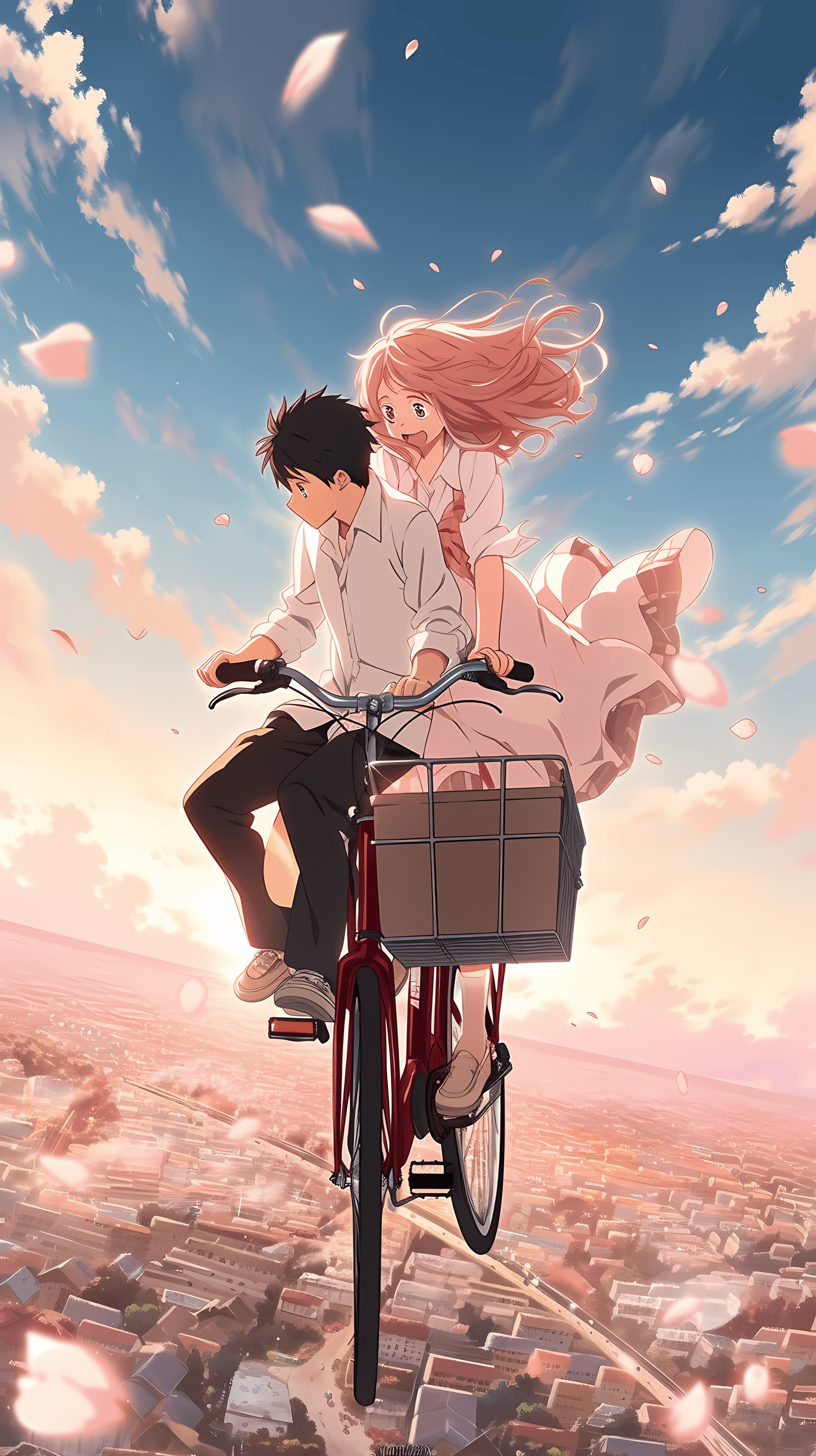 This enchanting anime wallpaper captures a serene moment of a young man riding a bicycle with a young girl perched on the handlebars