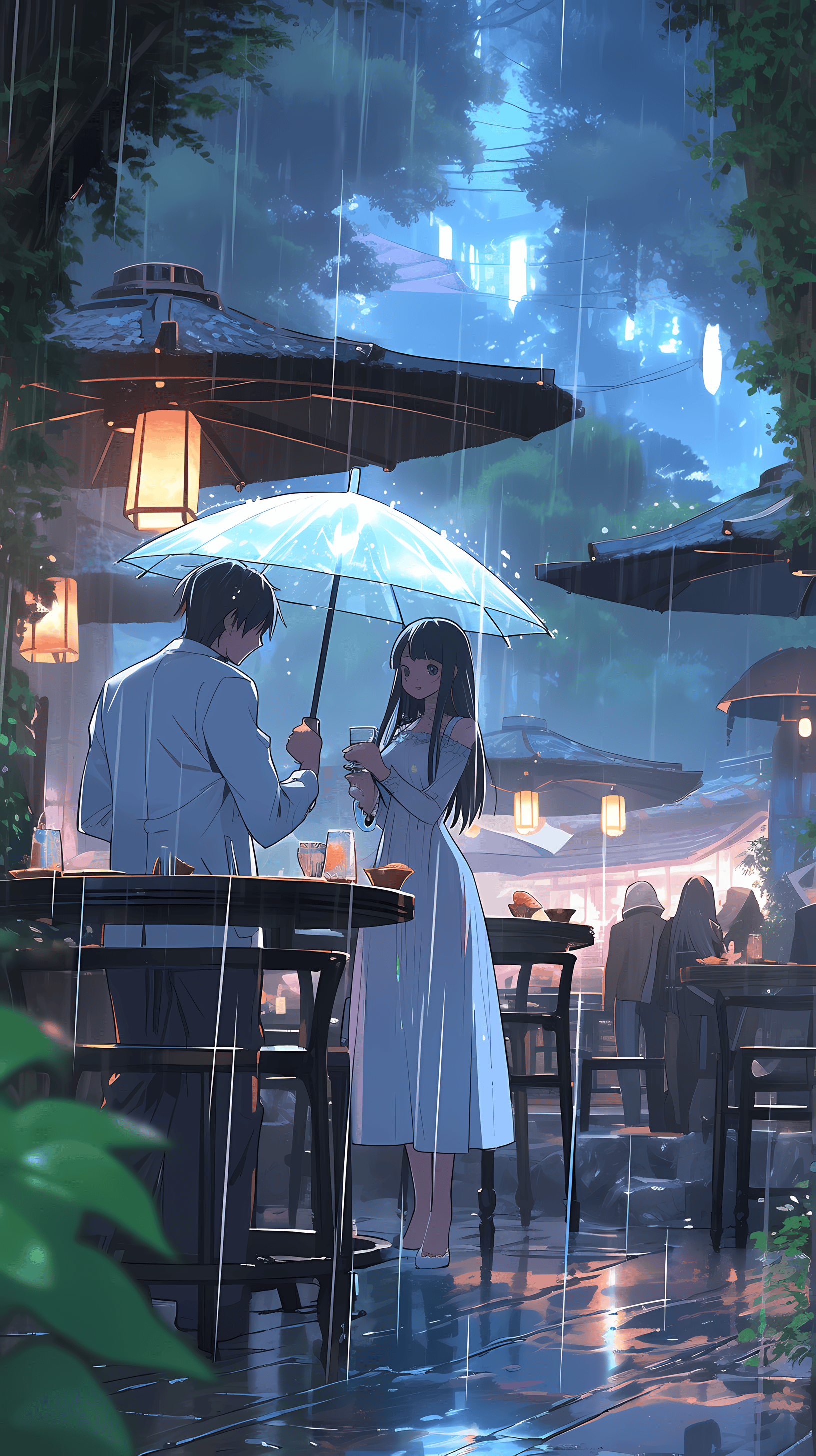 This enchanting anime wallpaper captures a serene moment between two individuals sharing an umbrella under the gentle rain