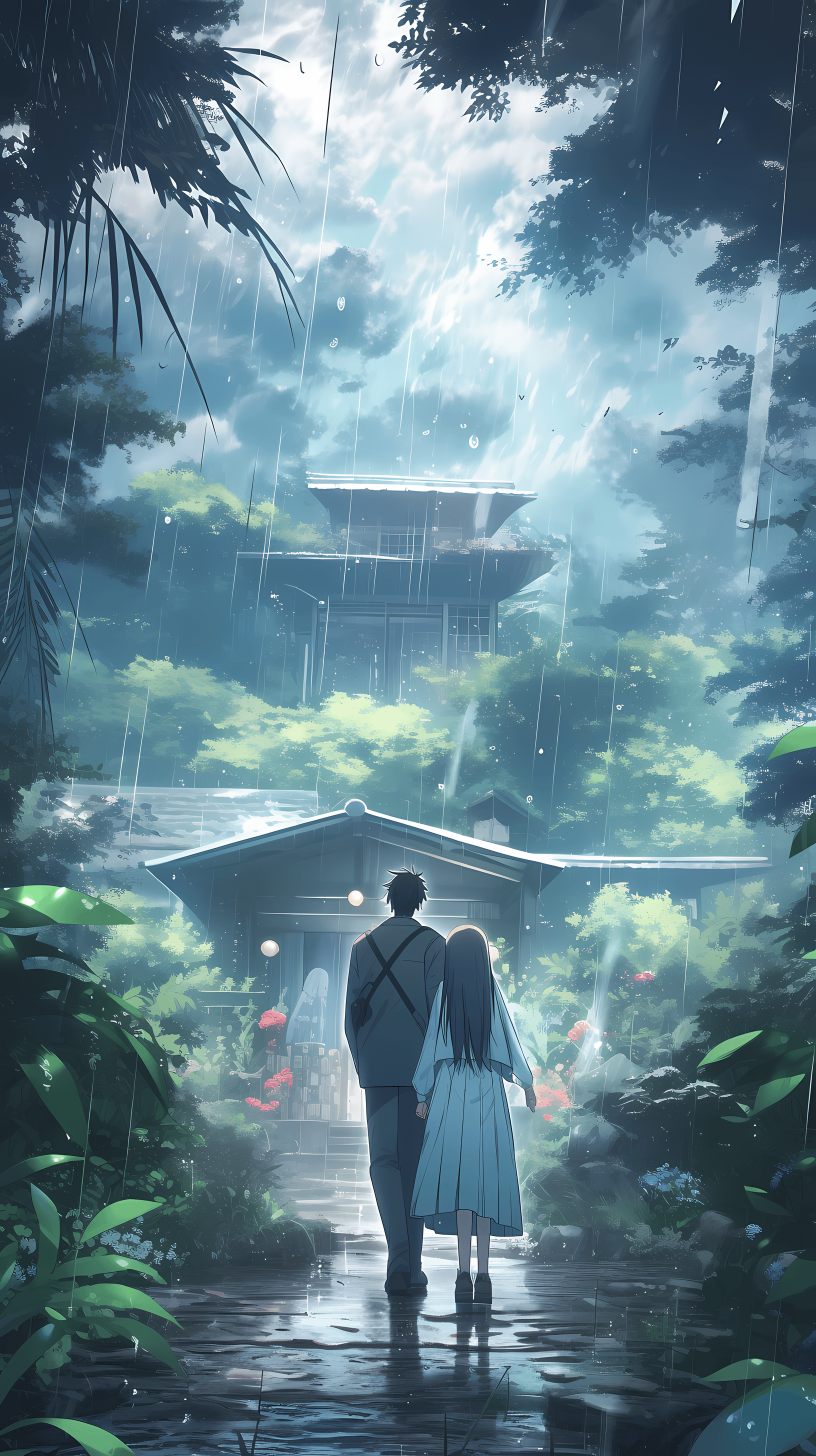 This enchanting anime wallpaper captures a serene and romantic moment in a lush, rainy garden