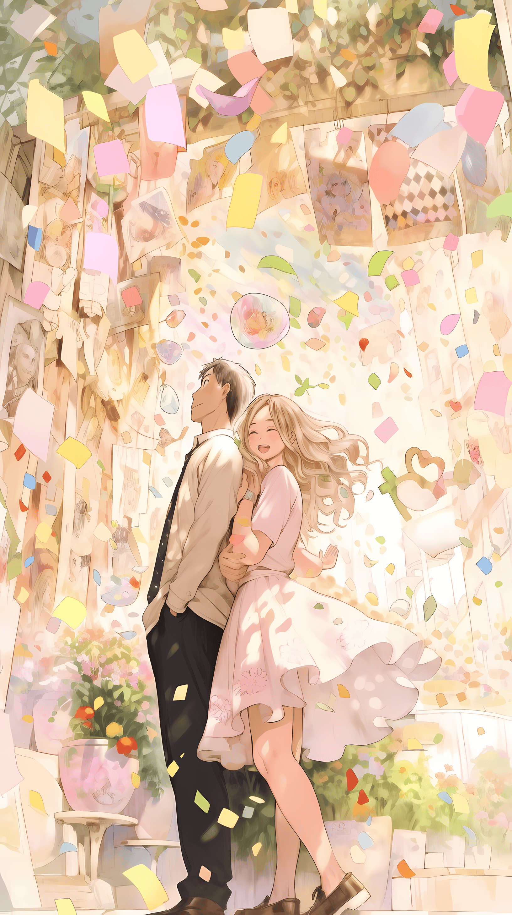 This enchanting anime wallpaper captures a tender moment between two characters from the beloved series 'Honey and Clover