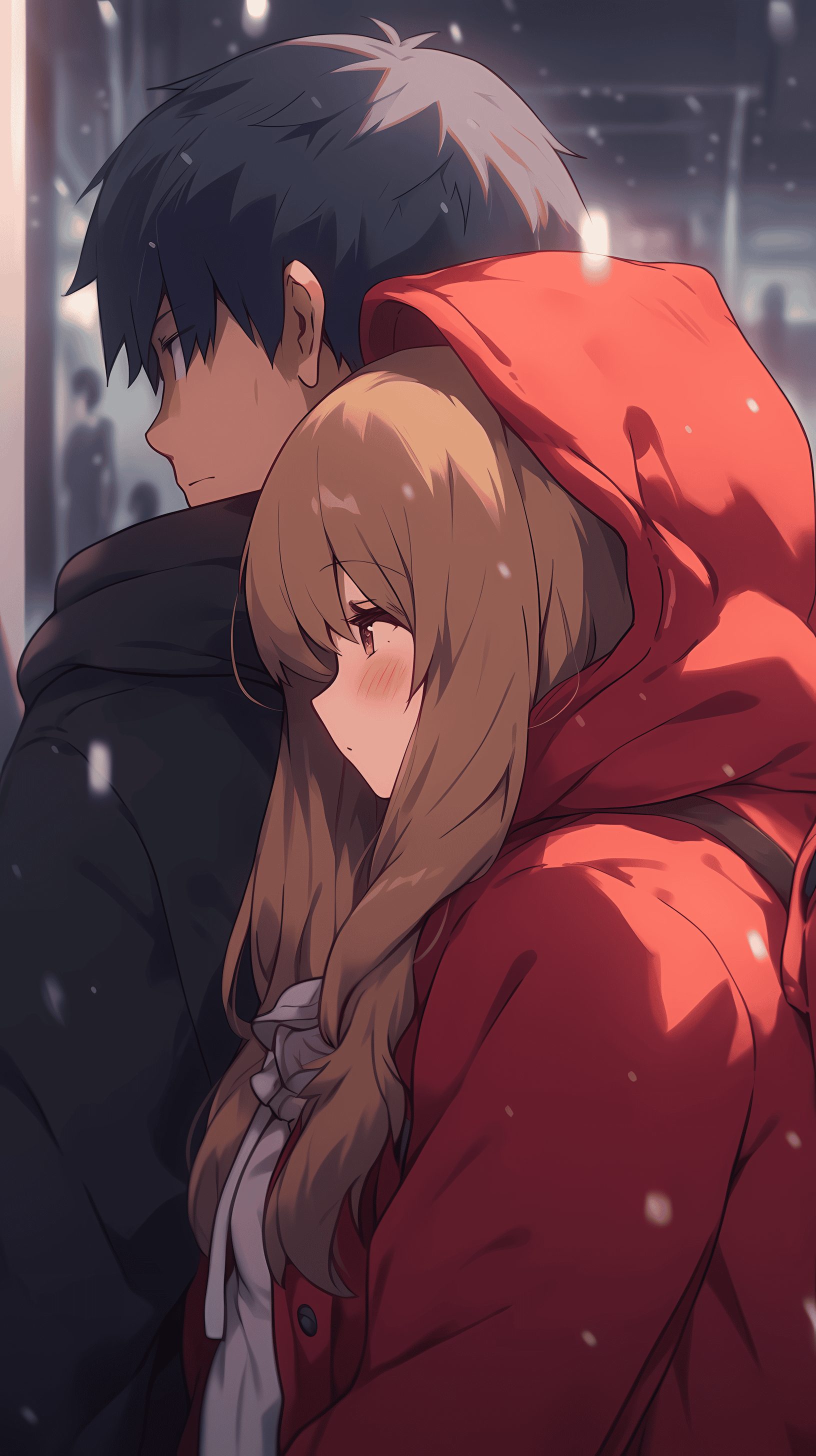 This captivating anime wallpaper features a tender moment between Taiga and Ryuuji, two beloved characters from the series