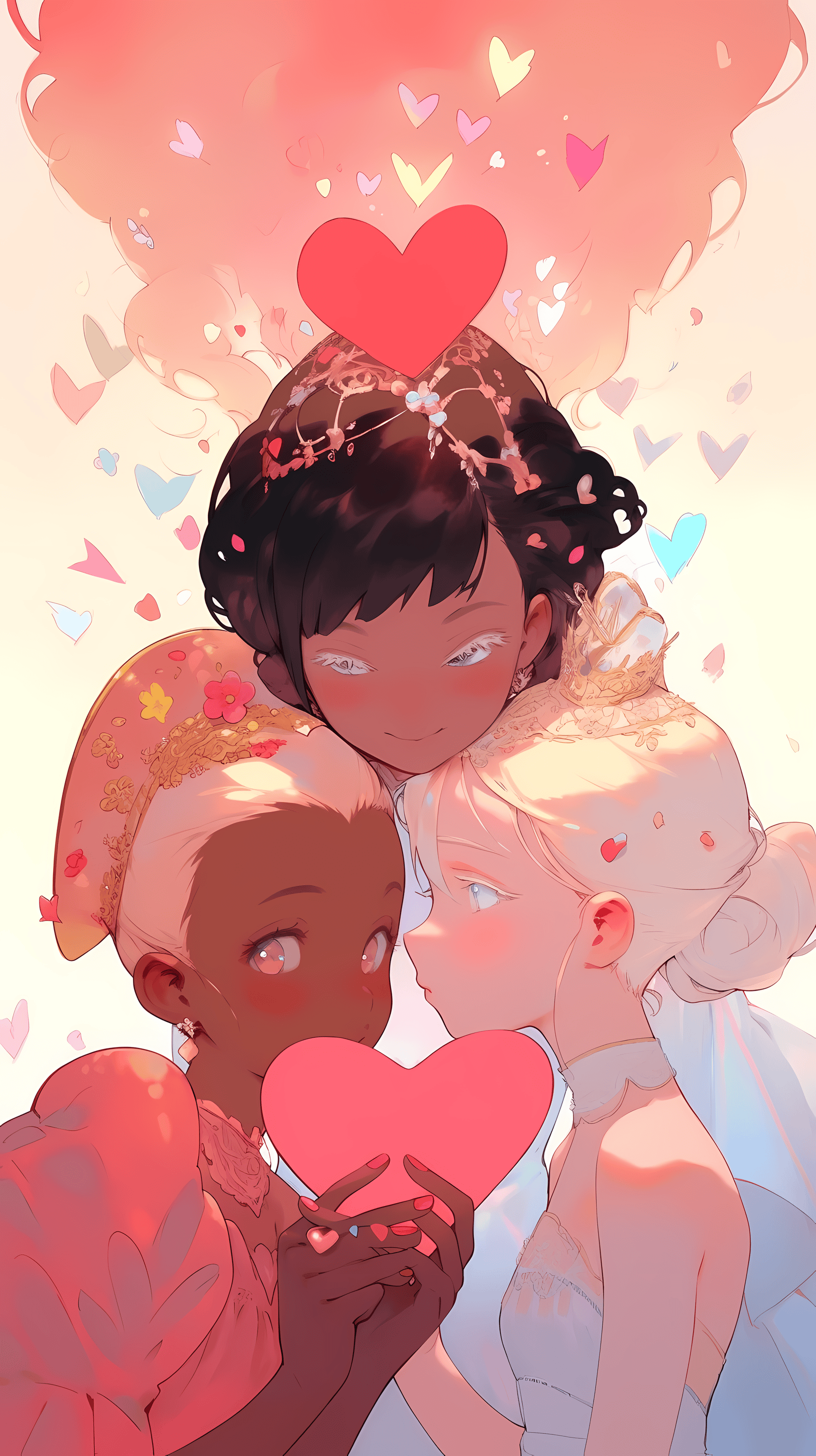 This anime wallpaper captures a tender and emotional moment between three characters, each holding a heart symbol, signifying their deep affection and complex relationships