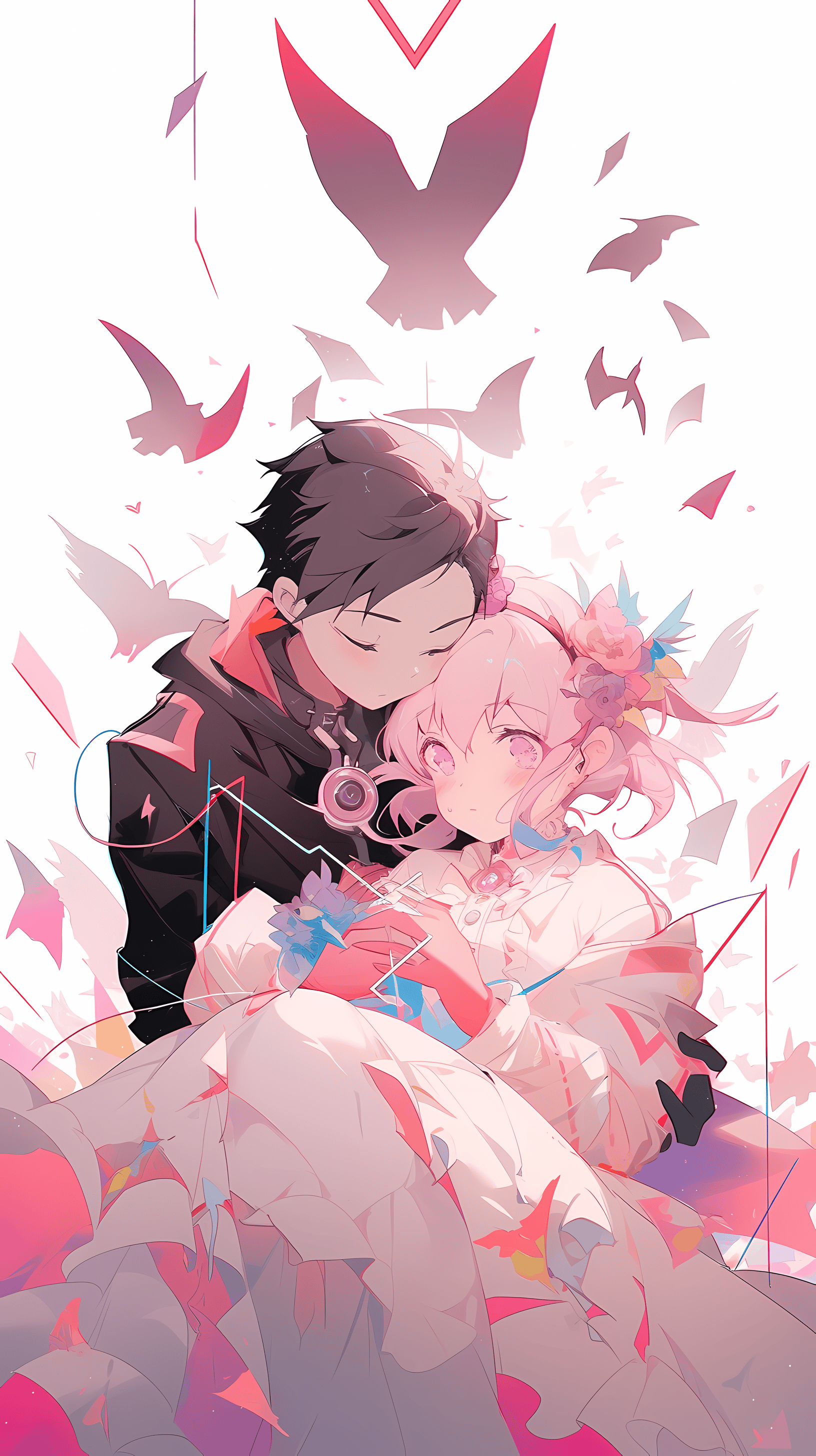 This anime wallpaper captures a tender moment between two characters amidst a dramatic and romantic setting