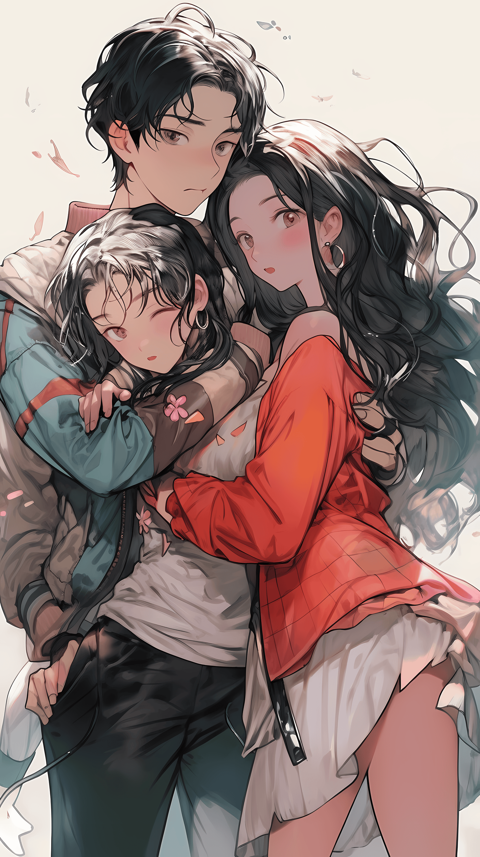 This anime wallpaper captures a poignant moment between three characters, each with distinct expressions and attire