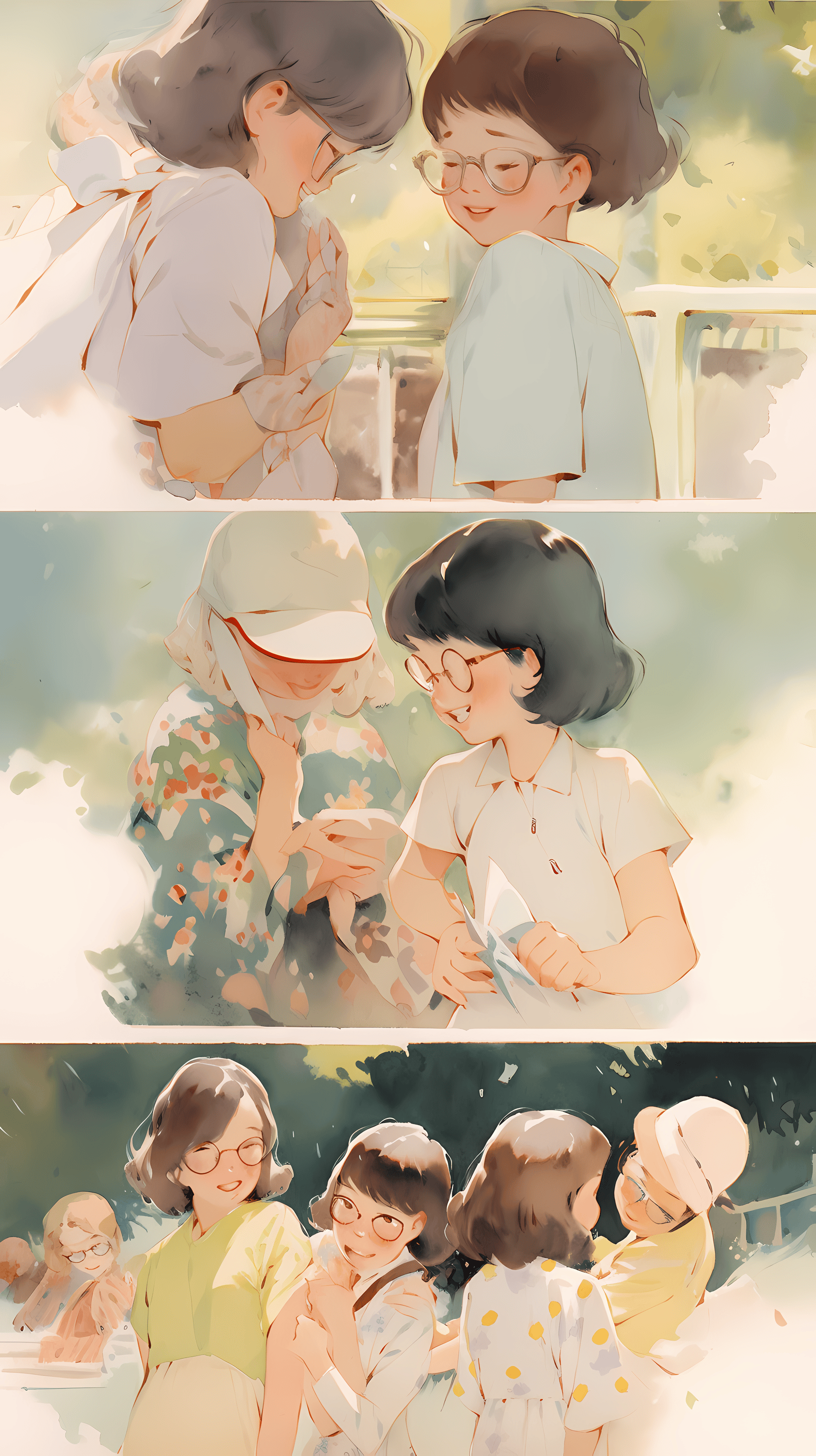 This anime wallpaper captures the essence of childhood and camaraderie through three distinct yet interconnected scenes