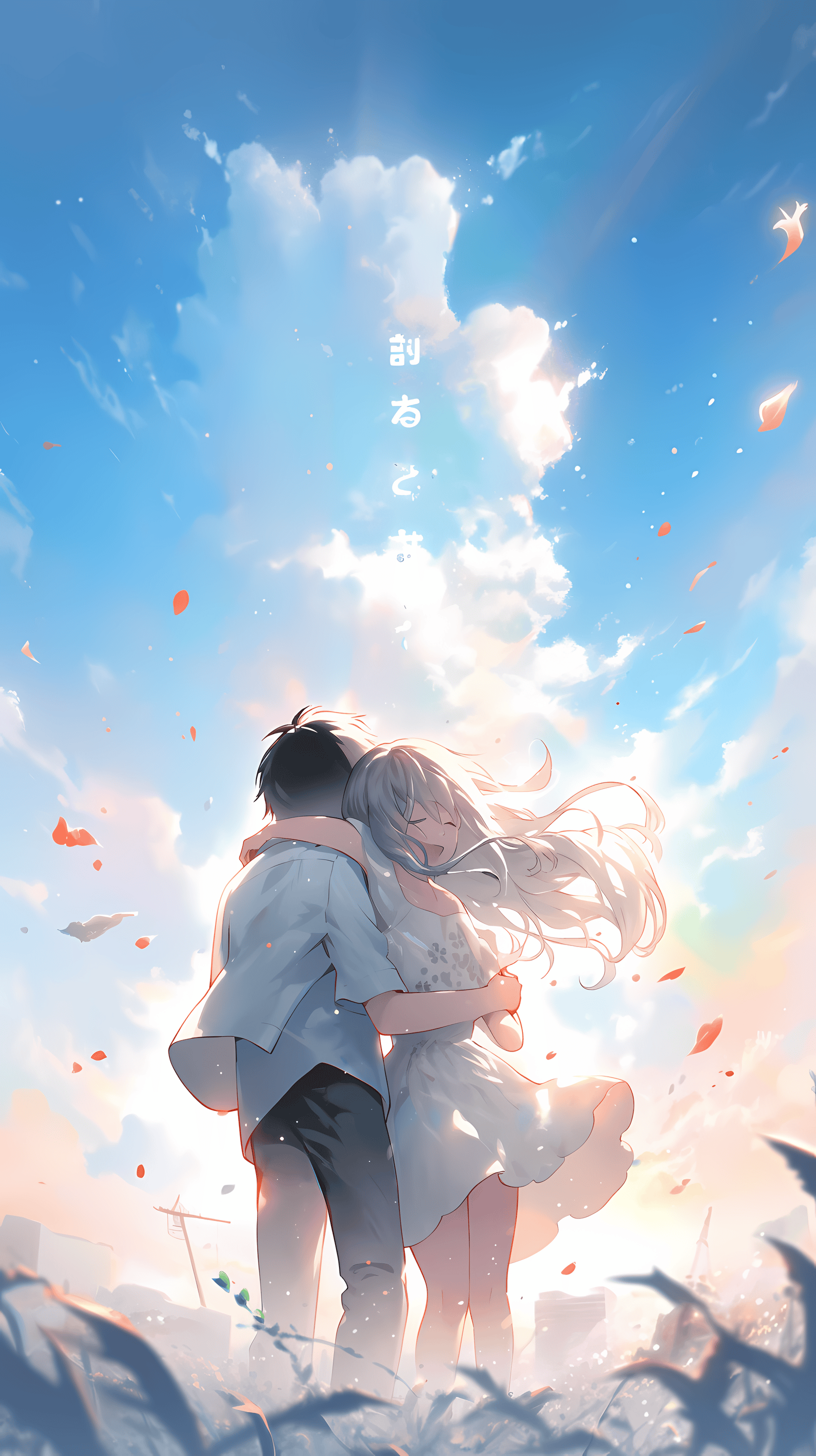 This enchanting anime wallpaper captures a poignant moment between two characters amidst a serene, ethereal landscape