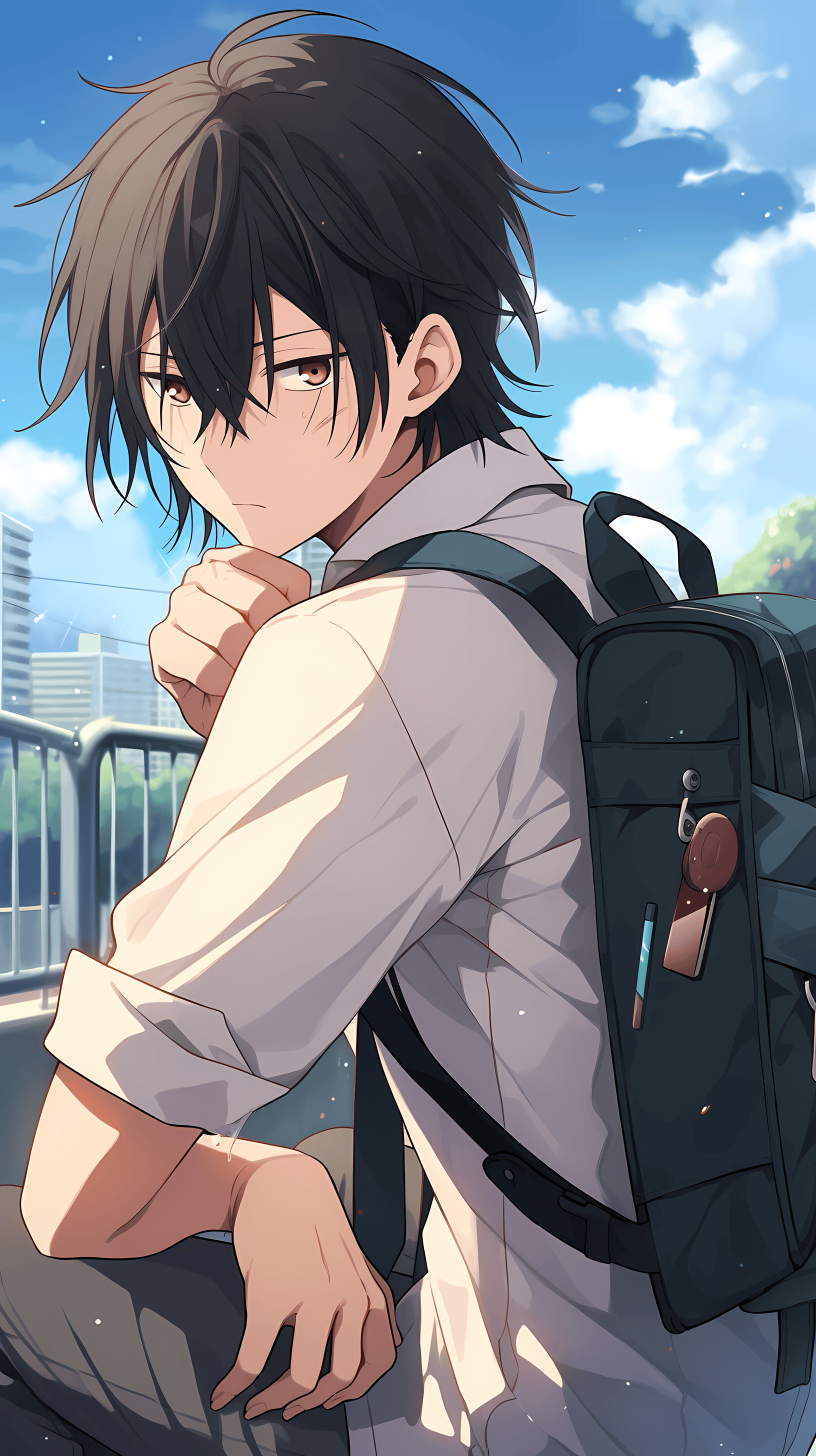This anime wallpaper captures a moment of youthful contemplation against an urban backdrop