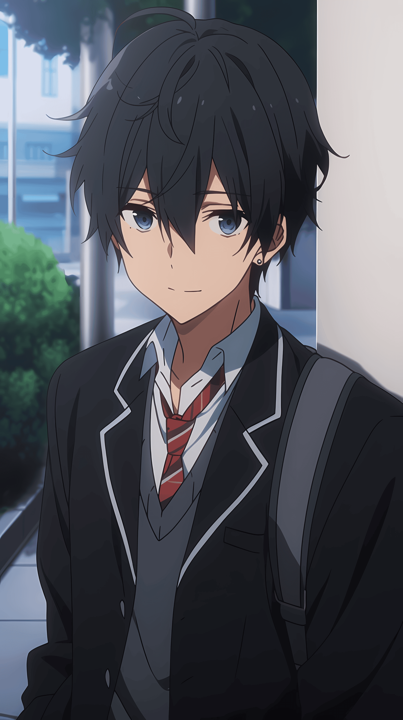 This anime wallpaper features a young, cynical-looking male character named Hachiman