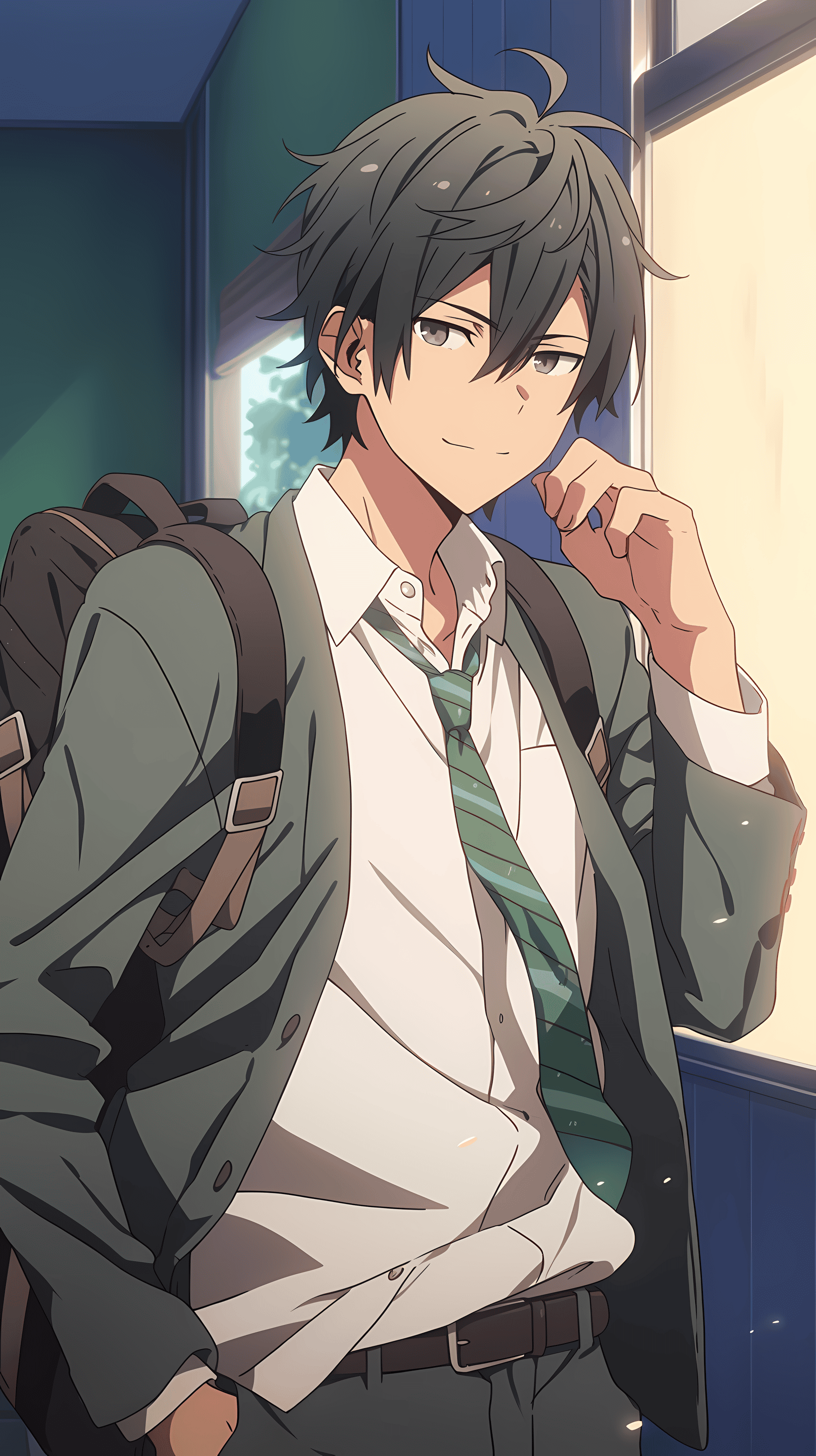 This anime wallpaper features a young man with short, dark hair, dressed in a casual yet stylish outfit