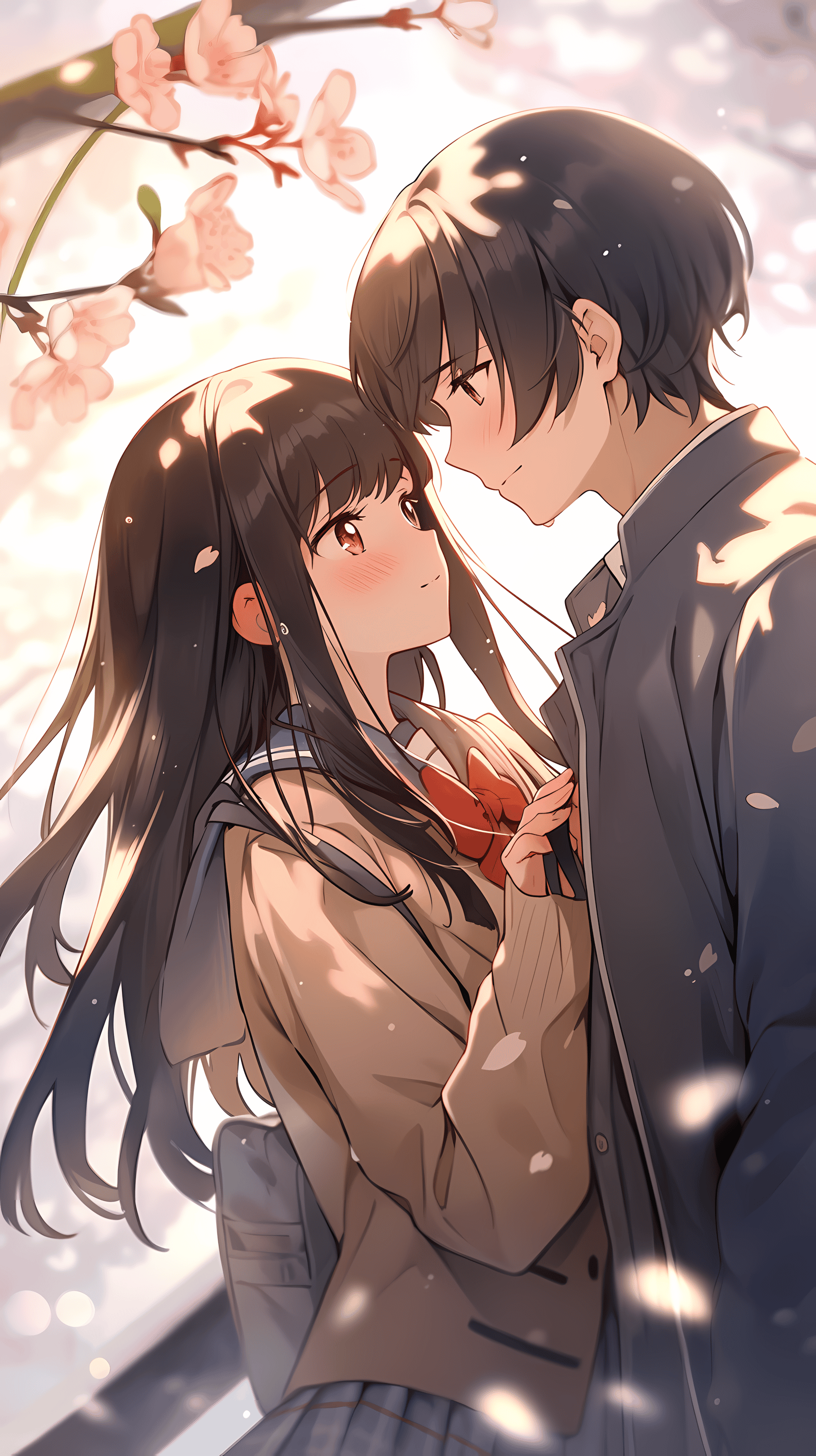 This enchanting anime wallpaper captures a tender moment between a young couple set against a backdrop of blooming cherry blossoms