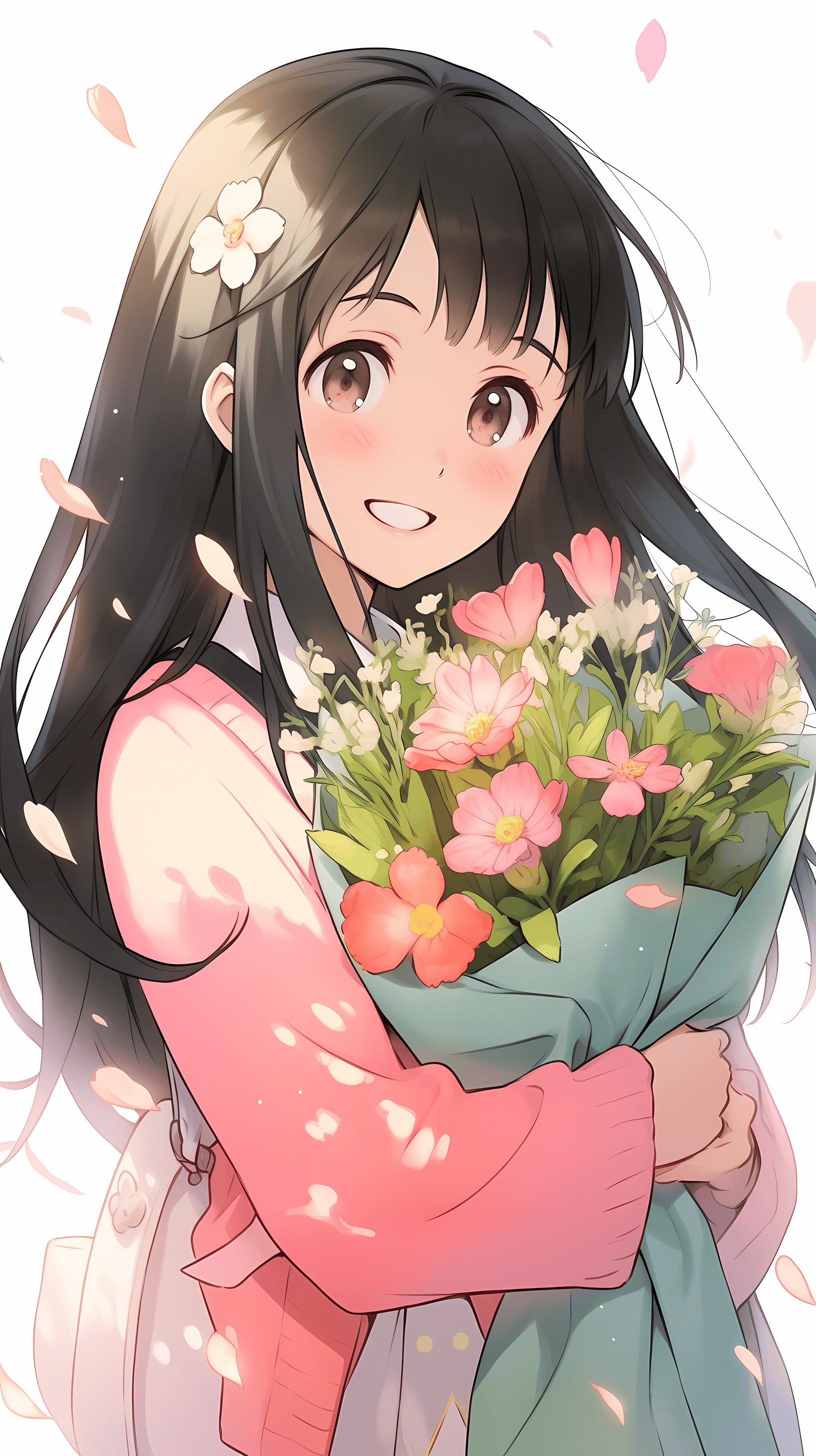 This enchanting anime wallpaper captures a young girl with long, dark hair holding a vibrant bouquet of flowers