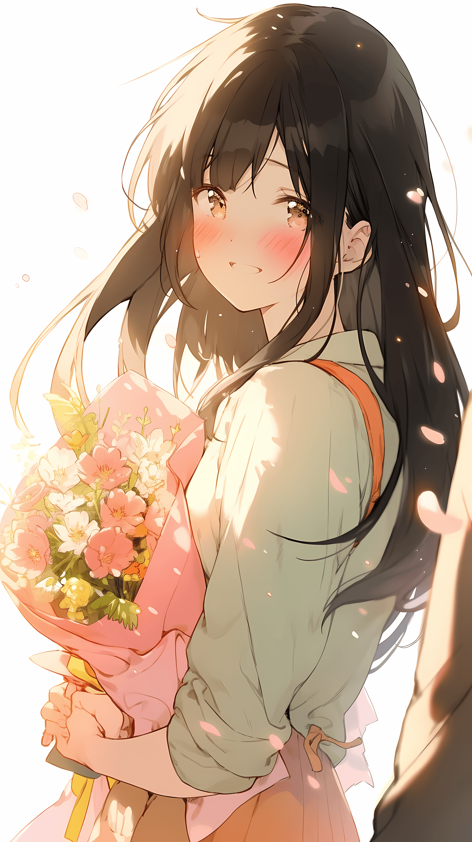 This enchanting anime wallpaper captures a tender moment of a young girl holding a bouquet of flowers
