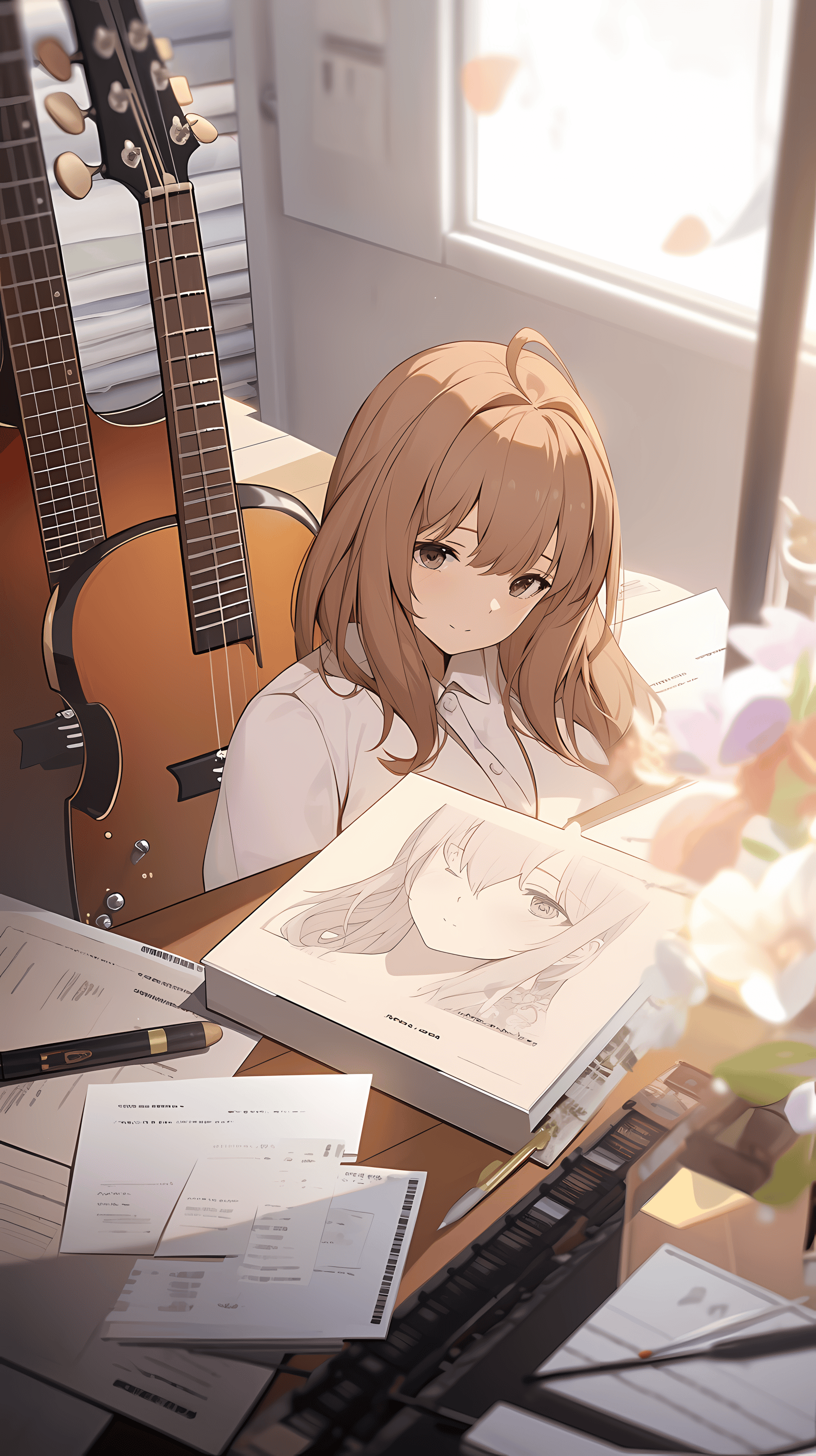 This enchanting anime wallpaper captures a serene moment of a young woman engrossed in reading a book