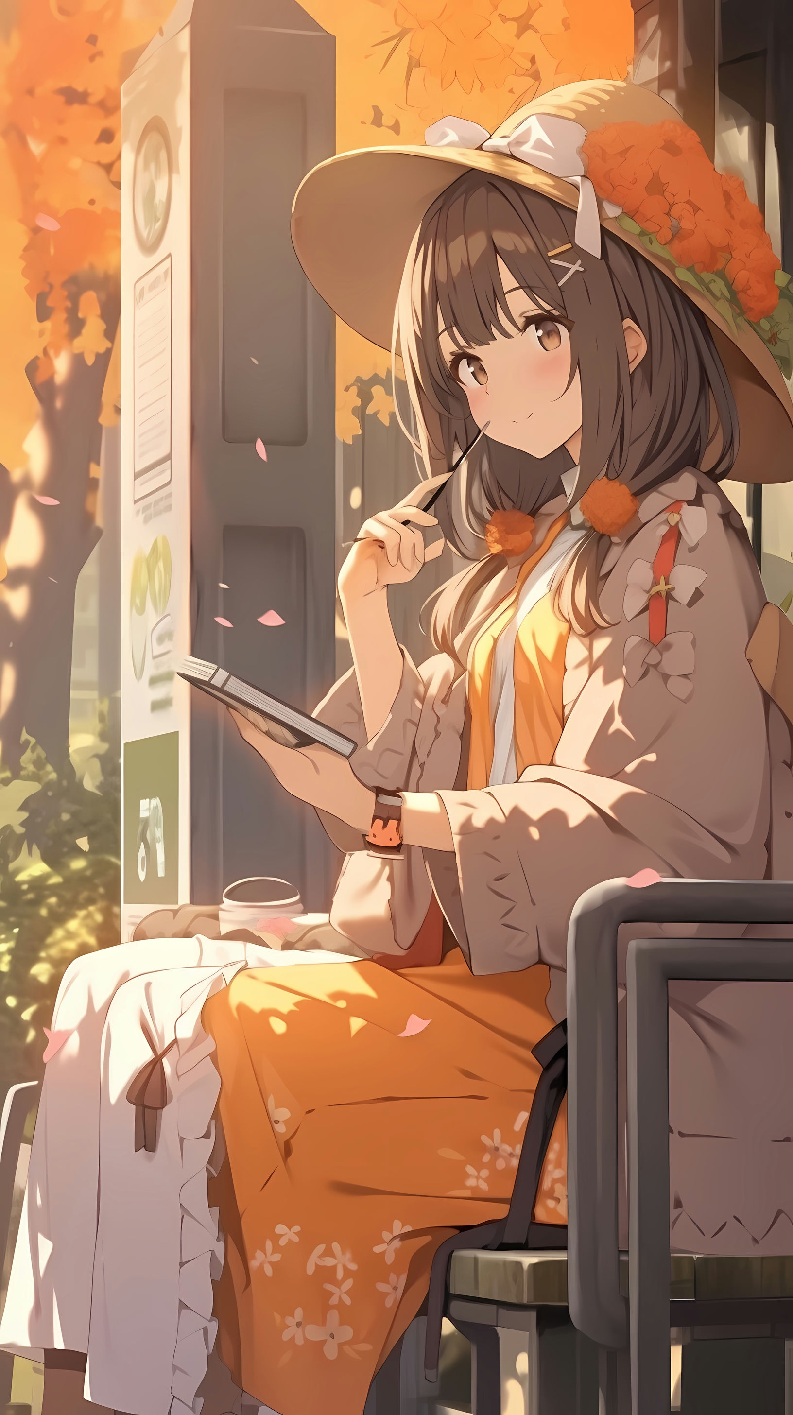 In this enchanting anime wallpaper, a young woman with long, dark hair is captured in a moment of quiet contemplation