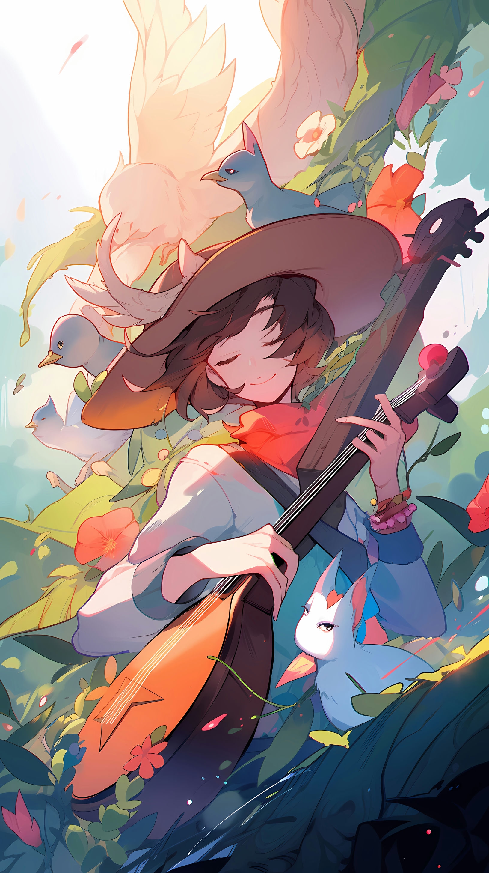 This enchanting anime wallpaper captures a young girl immersed in a serene, natural setting, playing a traditional string instrument