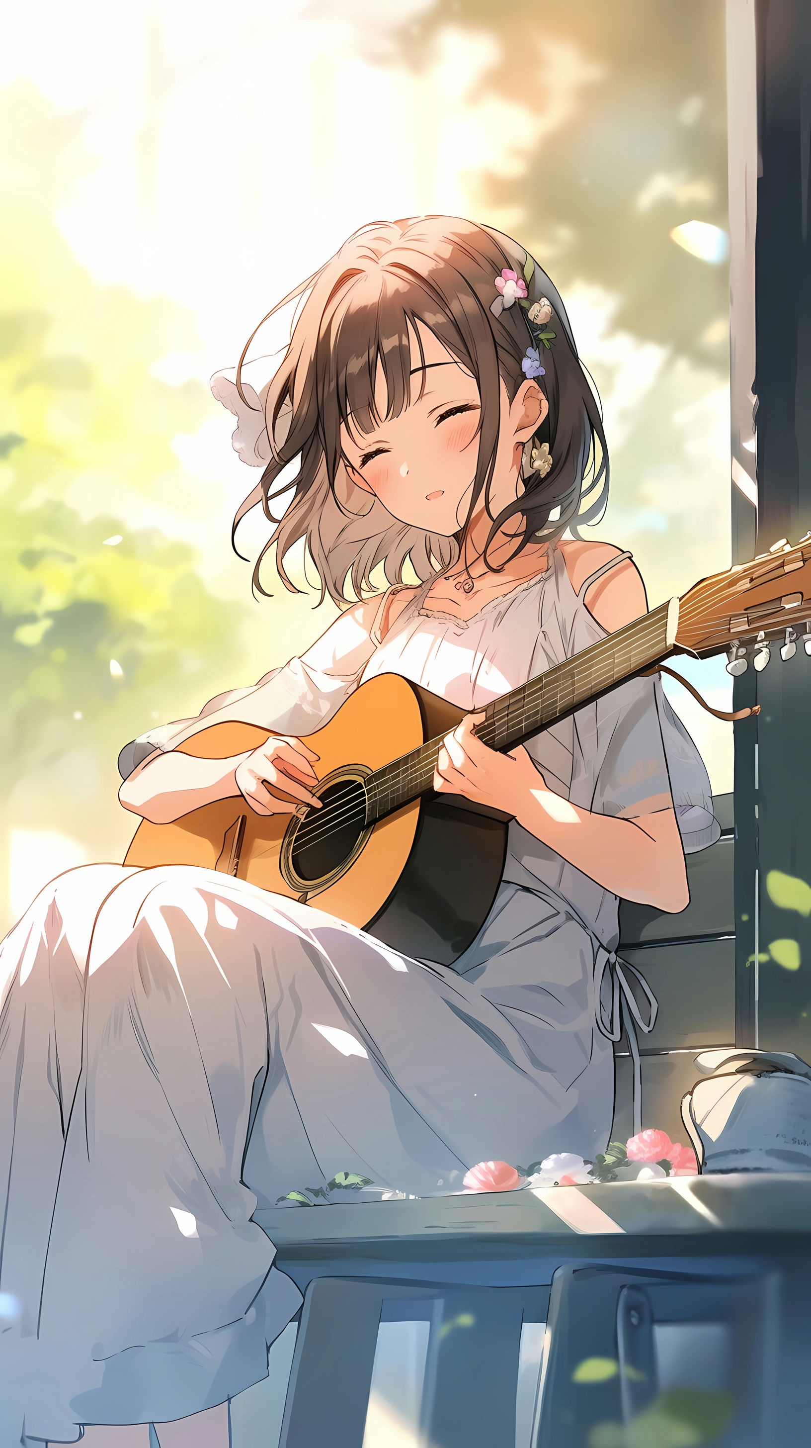 This enchanting anime wallpaper captures a serene moment of a young girl immersed in playing a ukulele