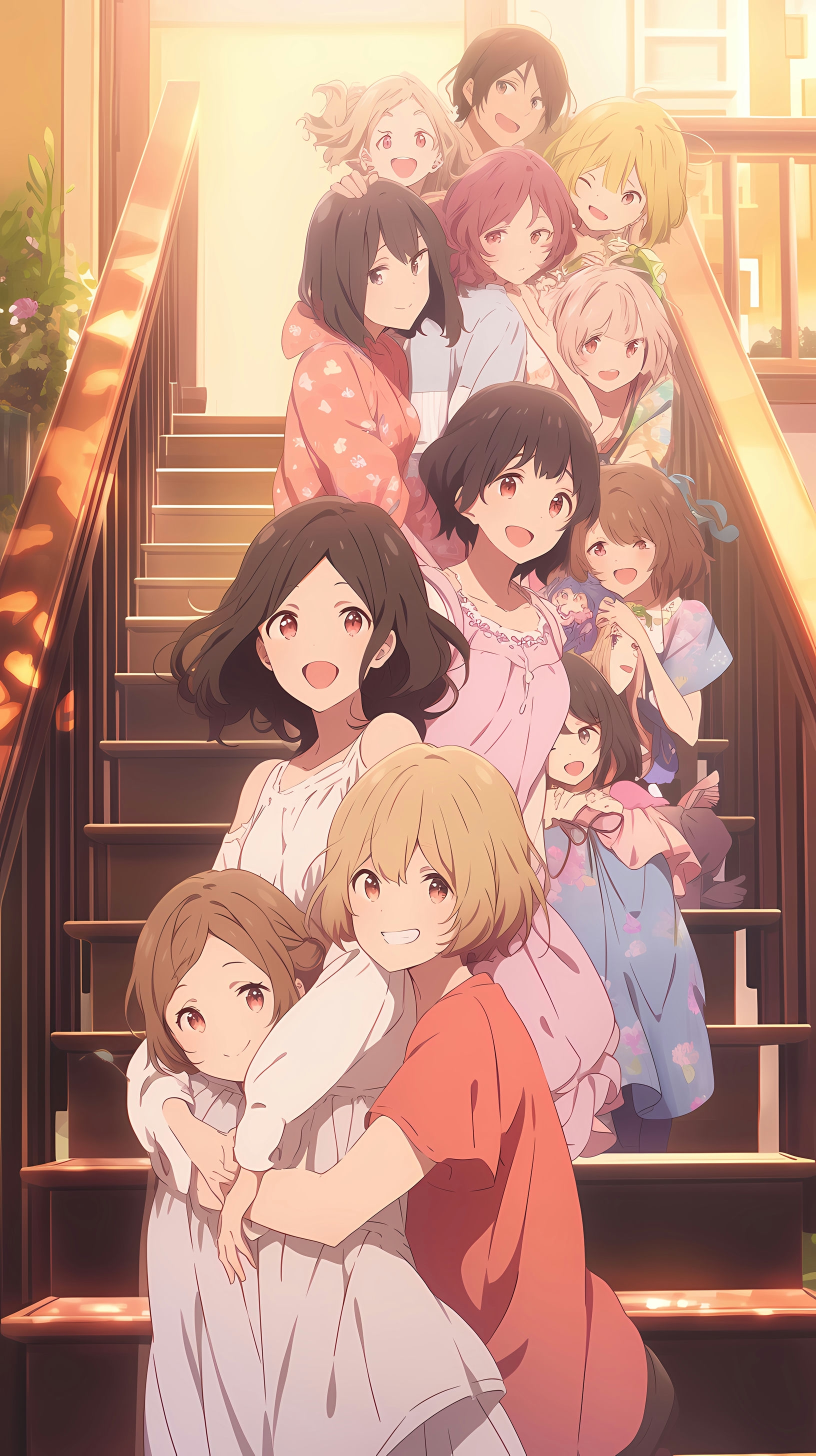 This anime wallpaper captures a heartwarming scene from 'Hanasaku Iroha,' showcasing a group of young women and girls standing on a beautiful staircase