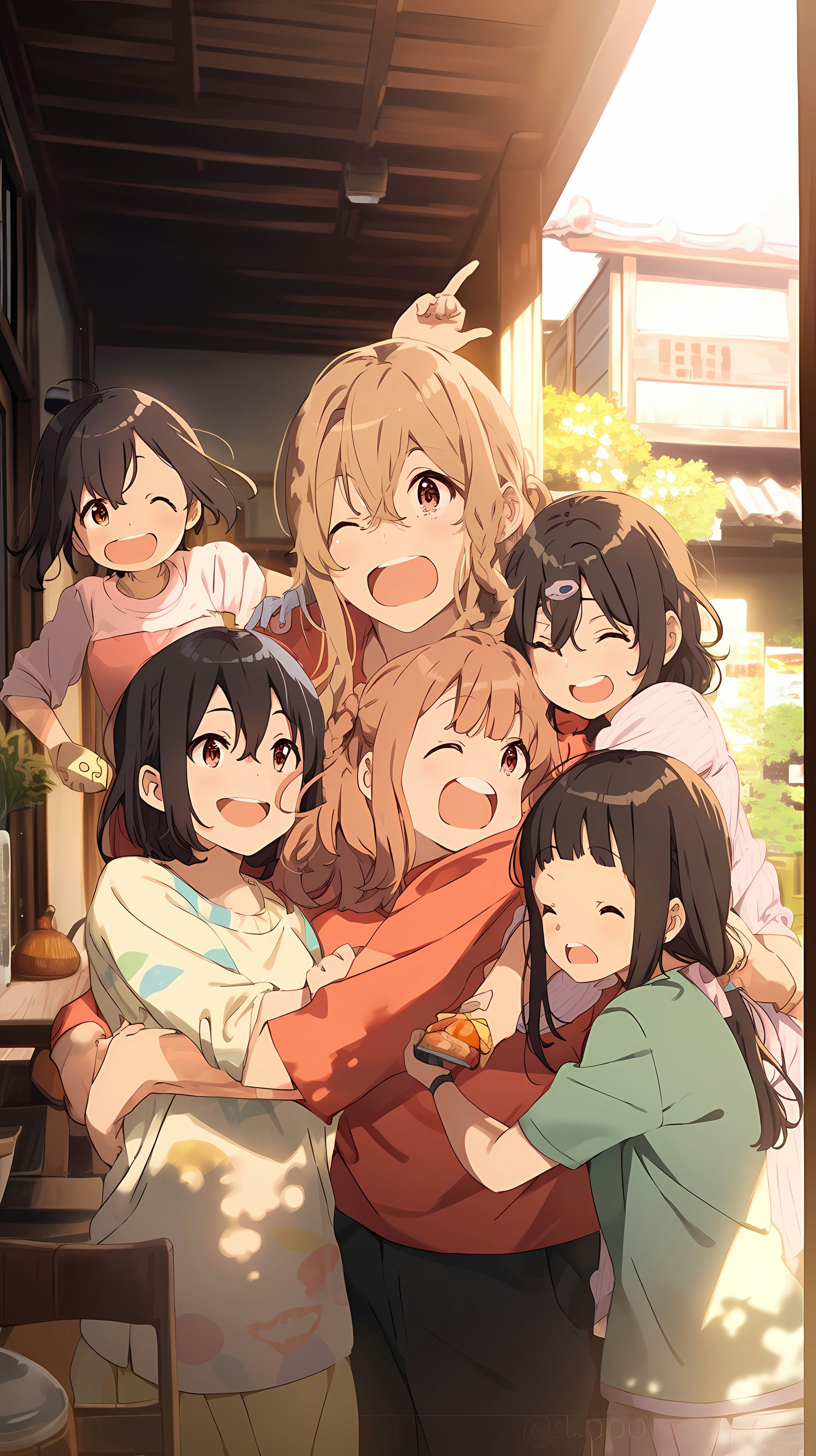 This anime wallpaper features a heartwarming scene from the popular series 'Hanasaku Iroha