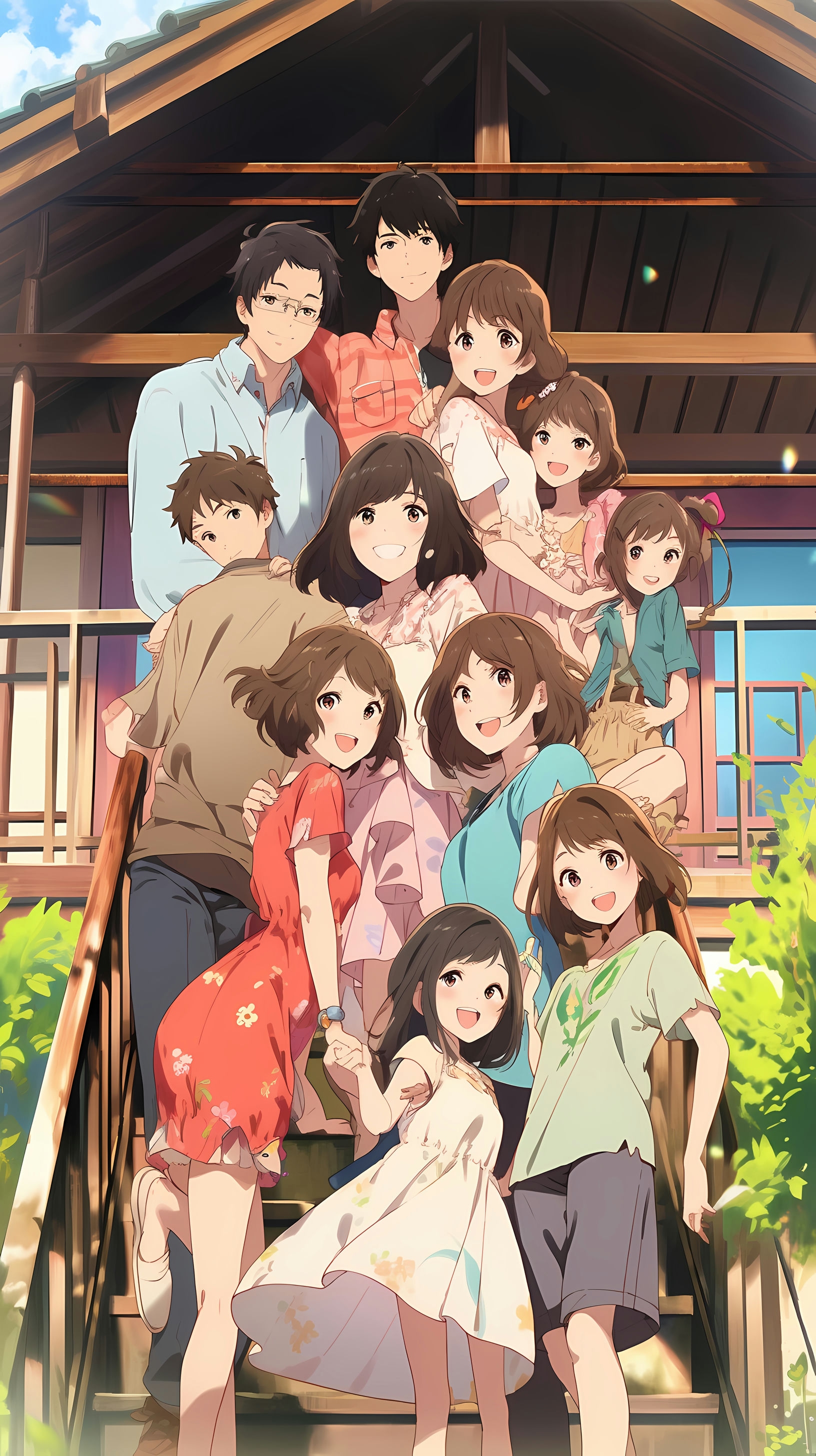 This anime wallpaper captures a heartwarming scene of a large, happy family gathered together on a rustic wooden bridge