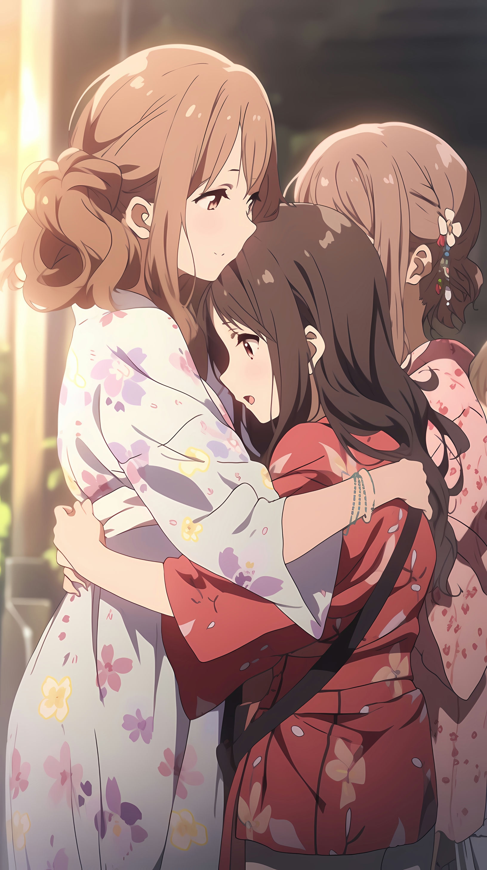 This anime wallpaper captures a tender moment between two young women, dressed in traditional Japanese kimonos, sharing a warm embrace