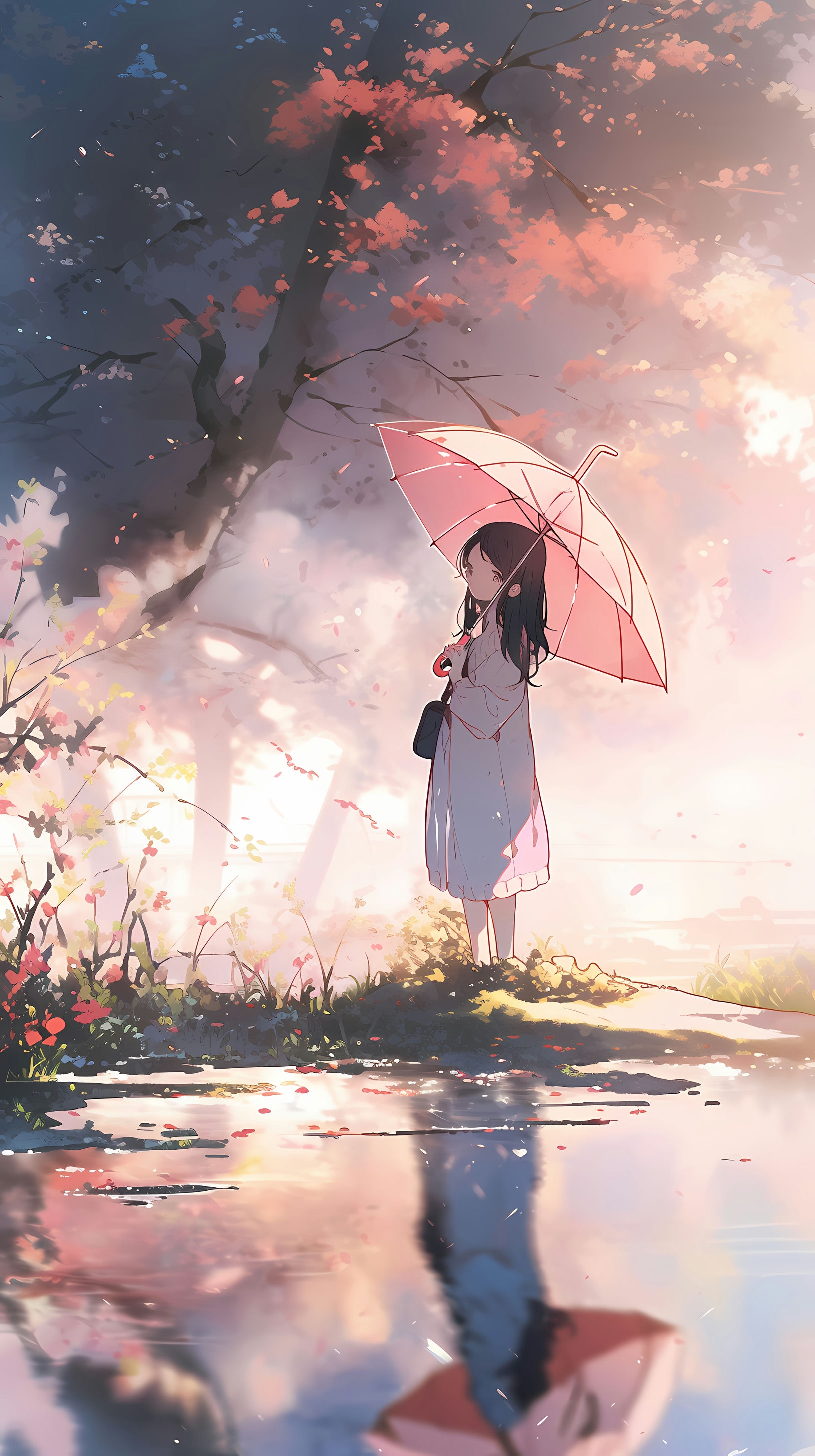 This enchanting anime wallpaper captures a serene moment of a young girl standing under a pink umbrella amidst a picturesque landscape