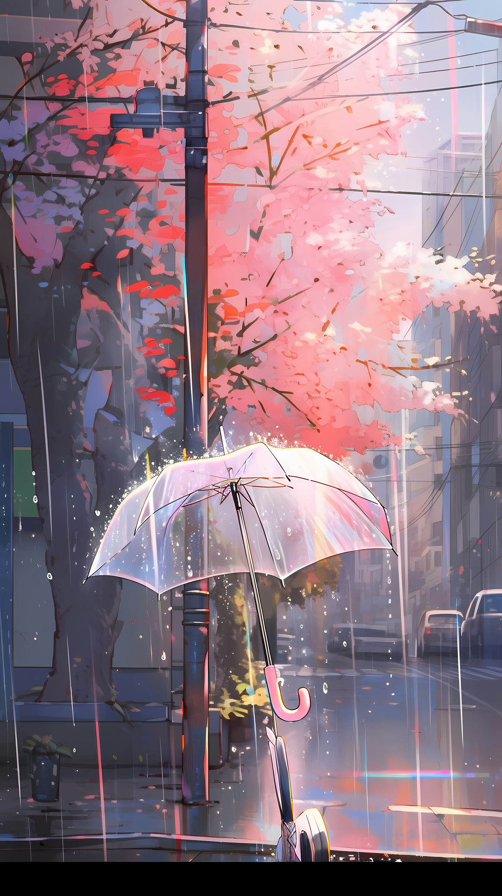 This anime wallpaper captures a serene and melancholic moment on a rainy day