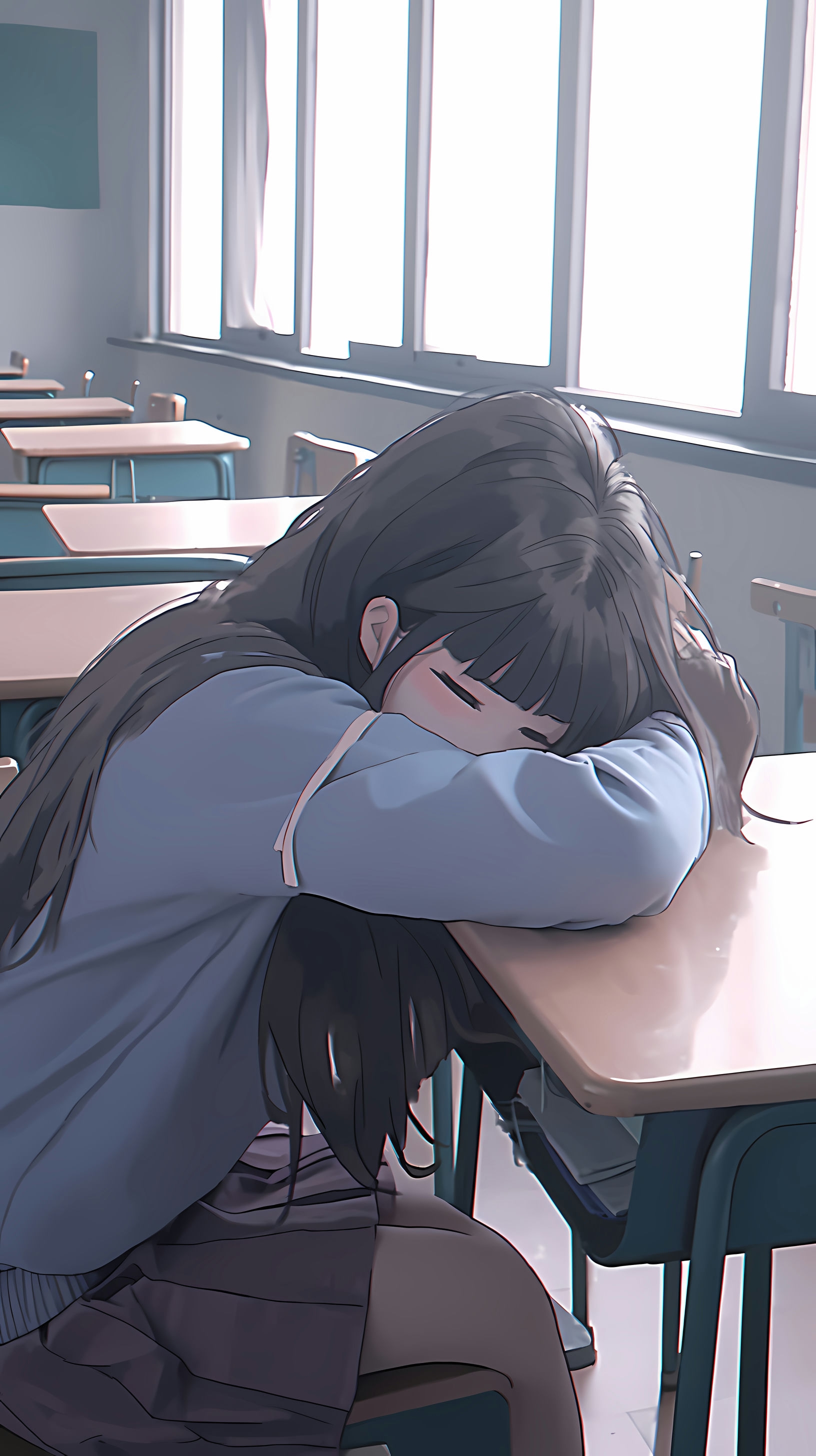 This anime wallpaper captures a poignant moment in a classroom setting