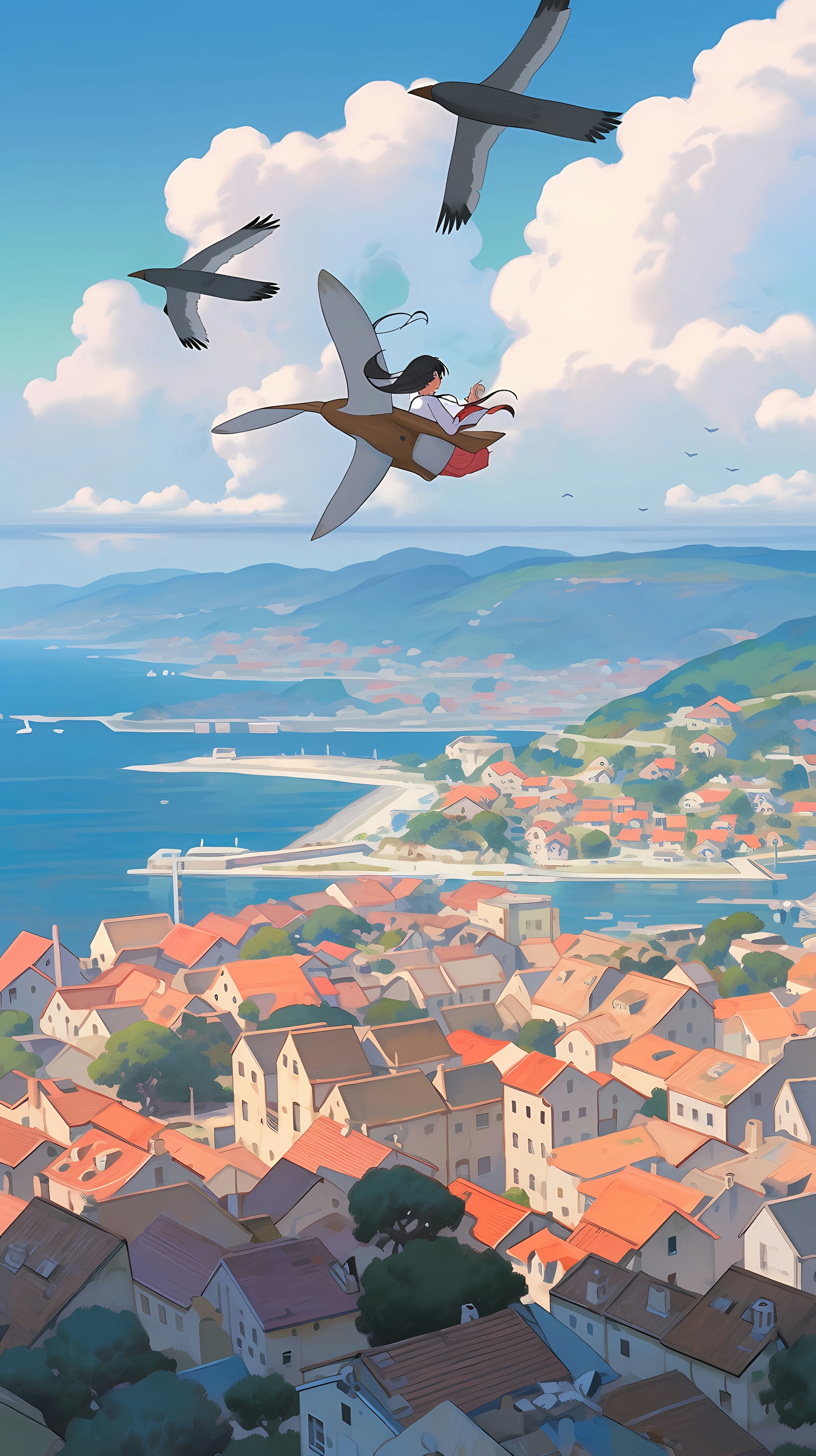 This enchanting anime wallpaper features Kiki, the young witch from 'Kiki's Delivery Service,' soaring through the sky on her broomstick