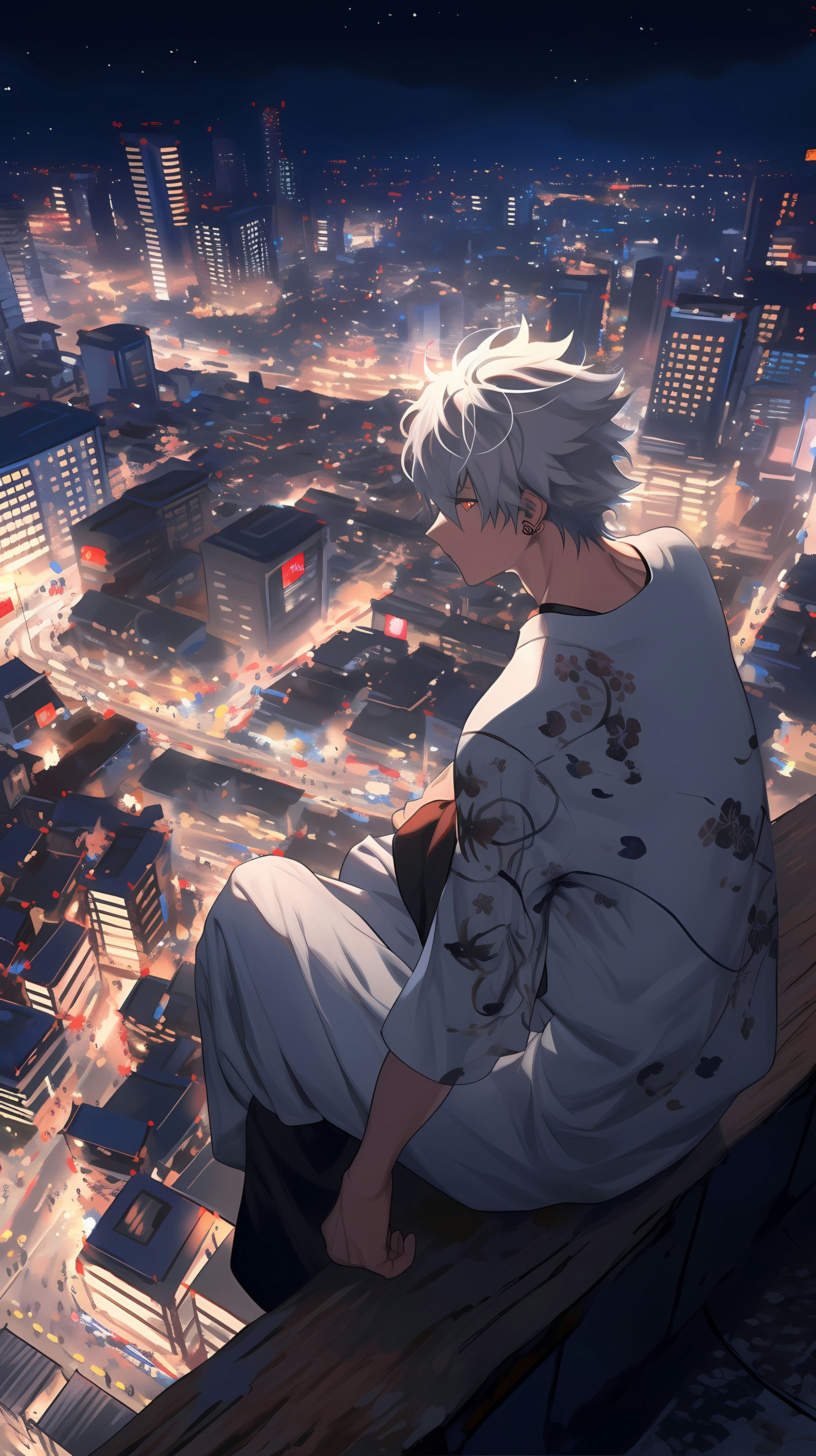 This captivating anime wallpaper features Gintoki, the iconic protagonist from Gintama, perched on the edge of a rooftop as he gazes over the vibrant cityscape of Edo at night