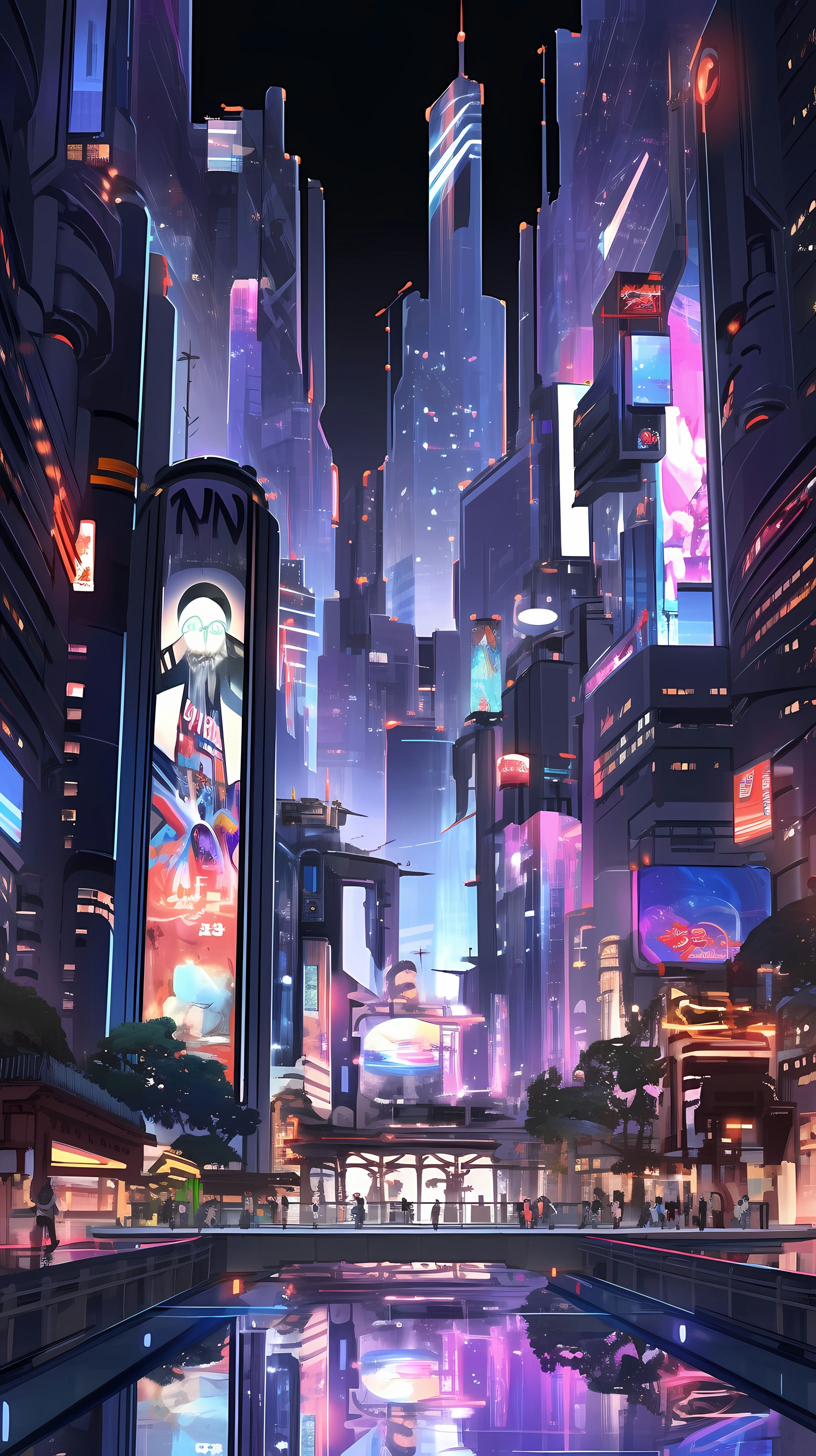This anime wallpaper captures the futuristic and neon-lit cityscape of Tokyo-3 from the iconic series Neon Genesis Evangelion