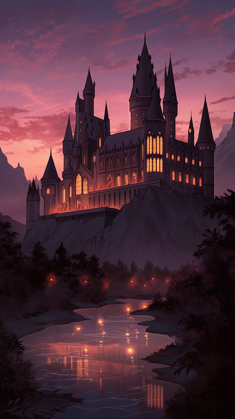 This enchanting anime wallpaper captures the iconic Hogwarts Castle at dusk