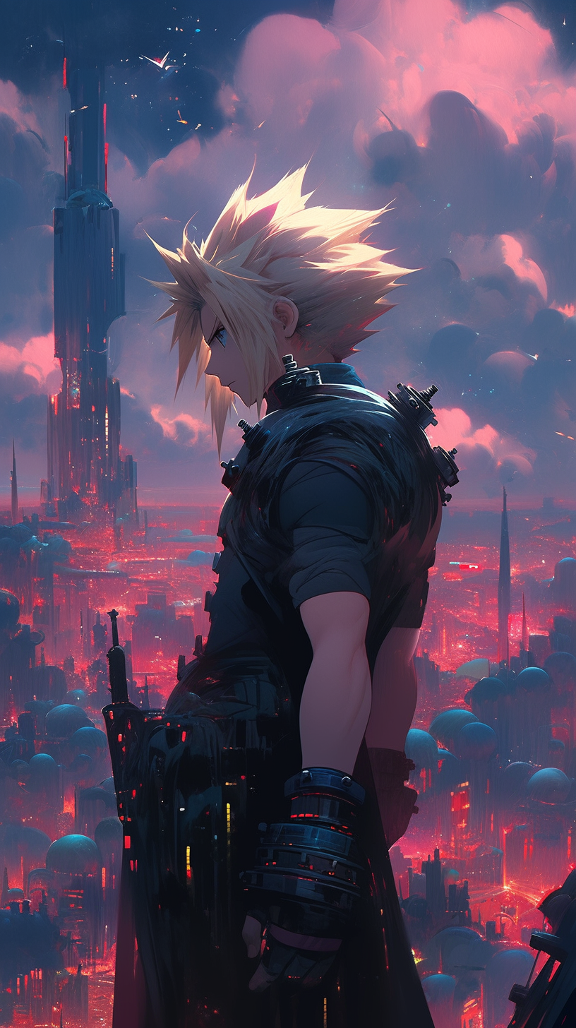 This anime wallpaper features a futuristic rendition of Cloud Strife, a beloved character from the Final Fantasy series