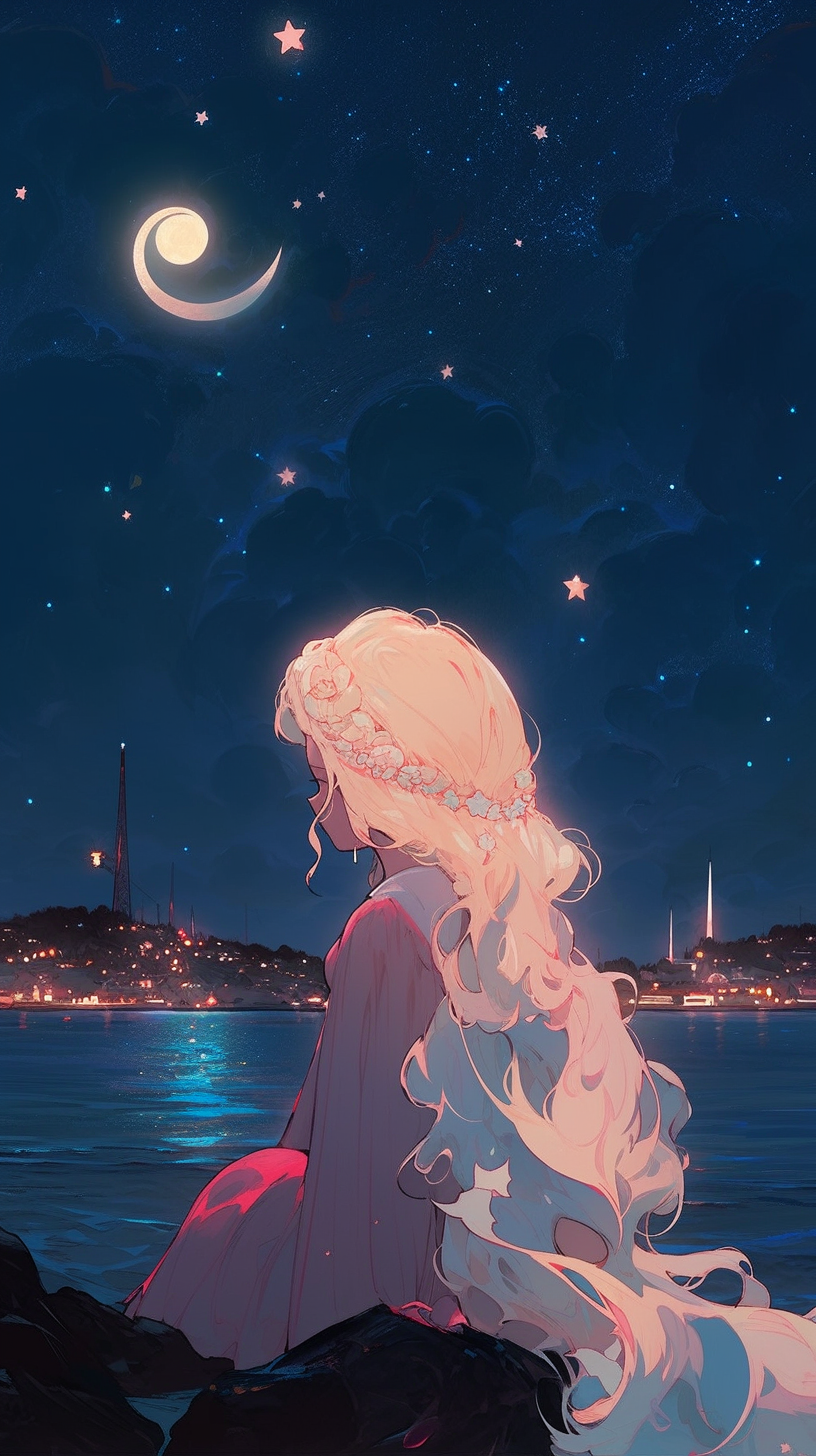 This enchanting anime wallpaper captures a magical girl with long, flowing pink hair, gazing at a serene nighttime seascape